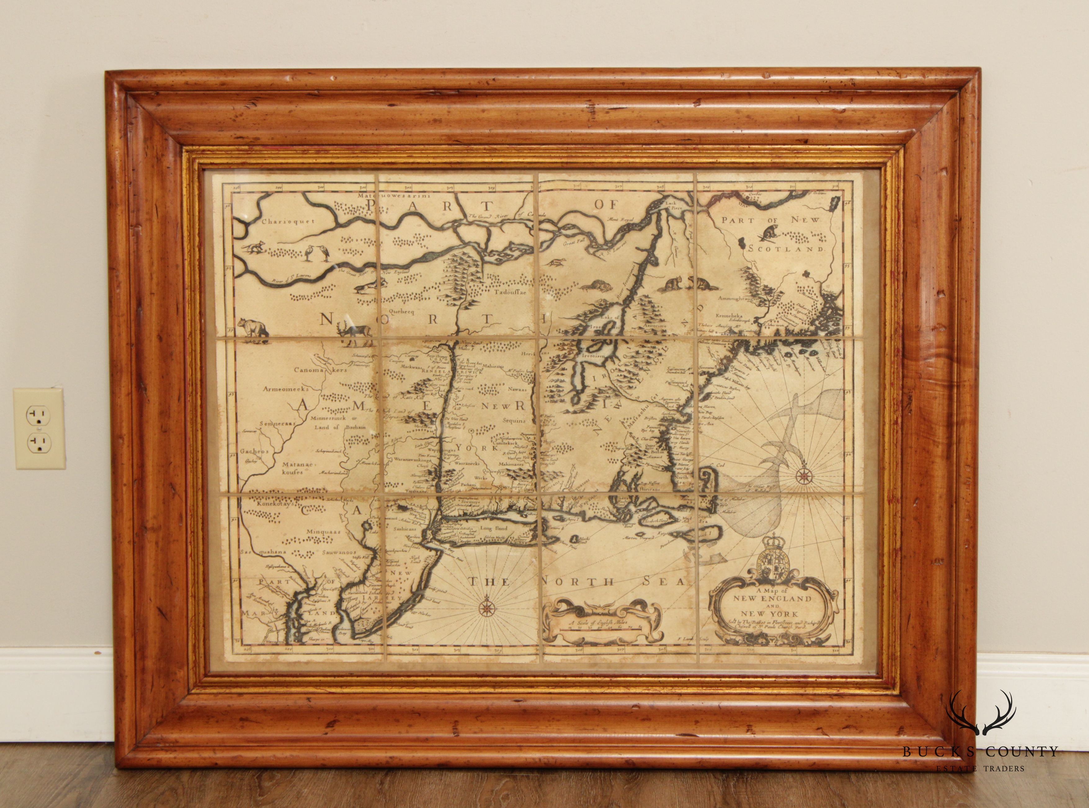 Vintage Reproduction 17th C. Map of New England and New York, Custom Framed