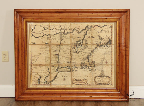 Vintage Reproduction 17th C. Map of New England and New York, Custom Framed