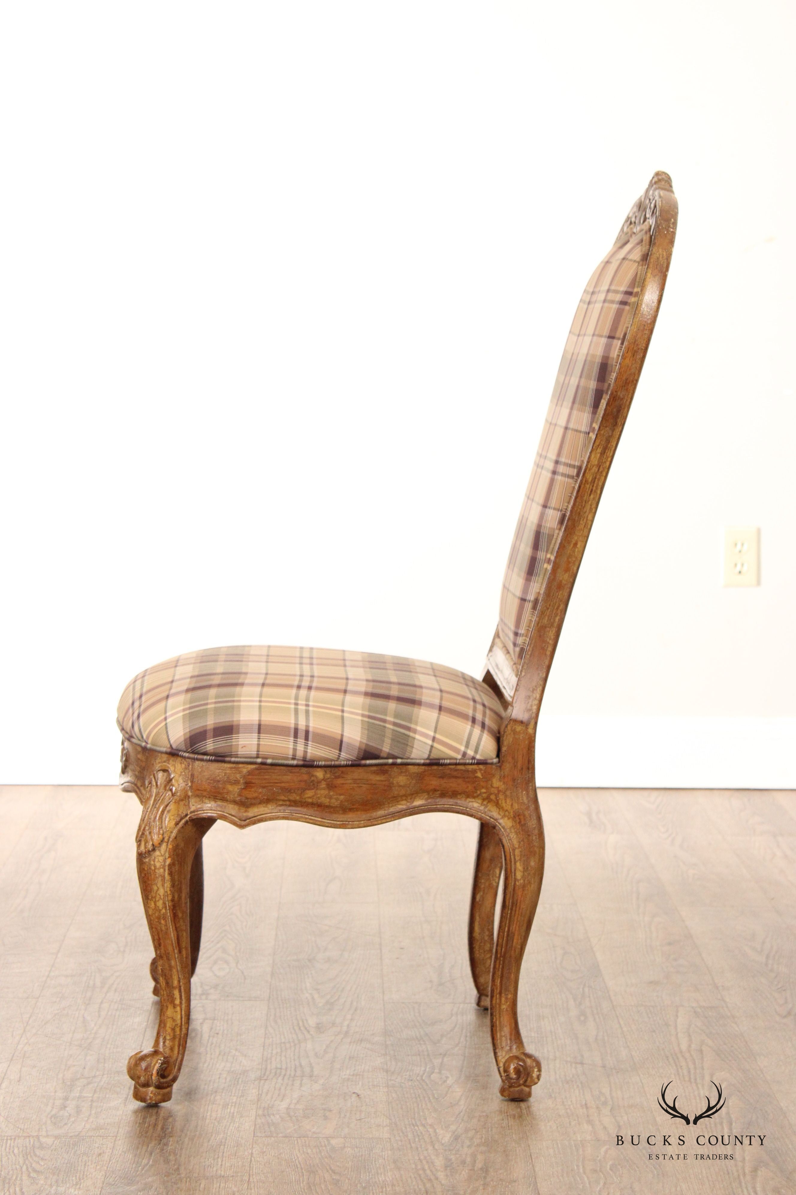 French Louis XV Style Set Six Plaid Upholstered Dining Chairs