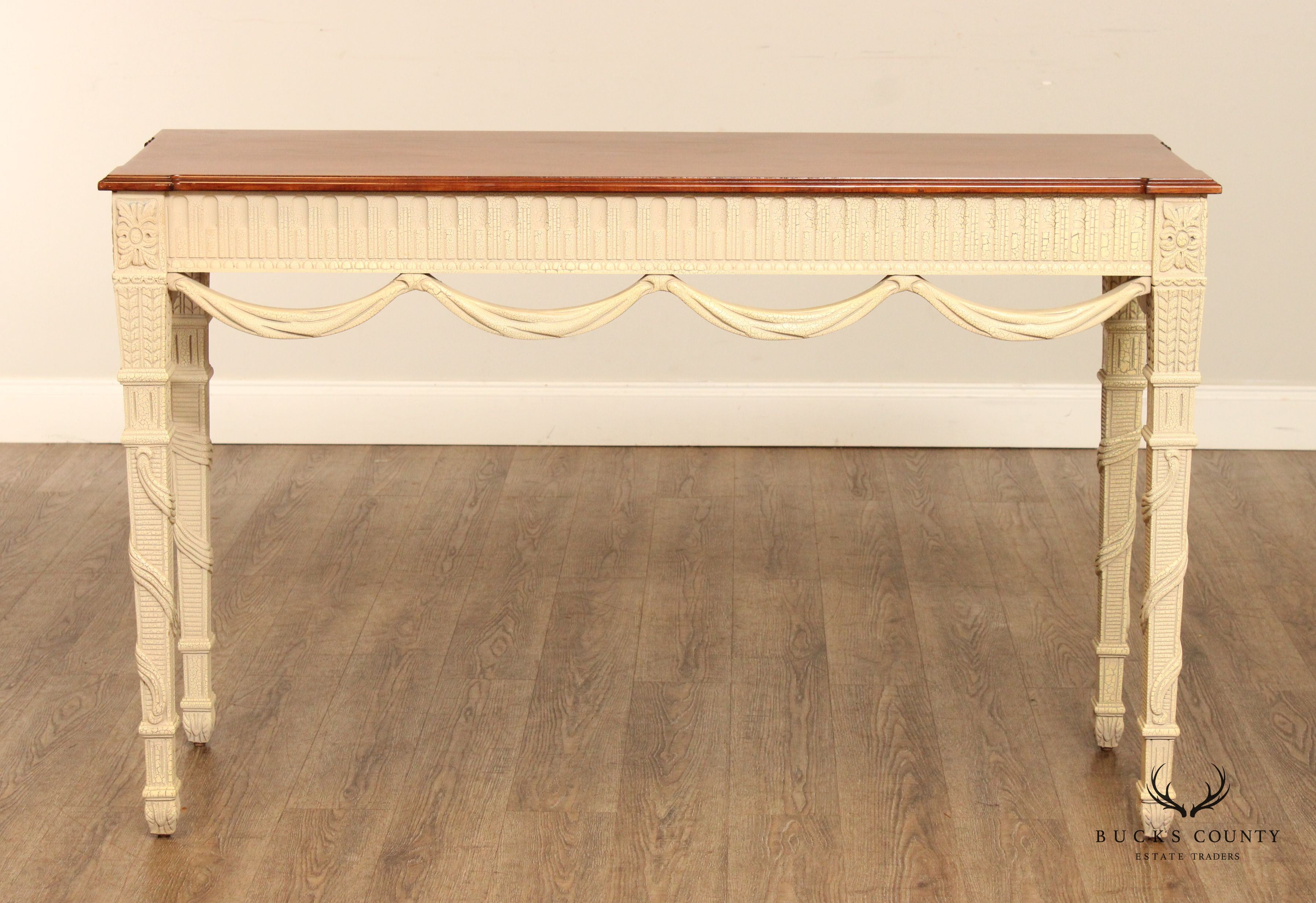 French Louis XVI Style Pair of Painted Base Cherry Console Tables