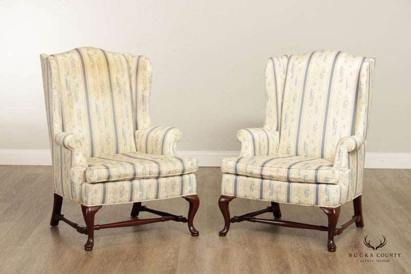 Hickory Chair Queen Anne Style Pair of Mahogany Wingback Chairs