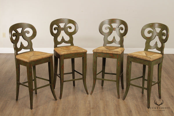 Biedermeier Style Set of Four Distress Painted Rush Seat Bar Stools