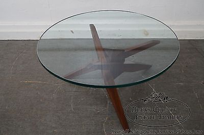 Mid Century Walnut Cubist Splayed Leg Round Glass Top Coffee Table