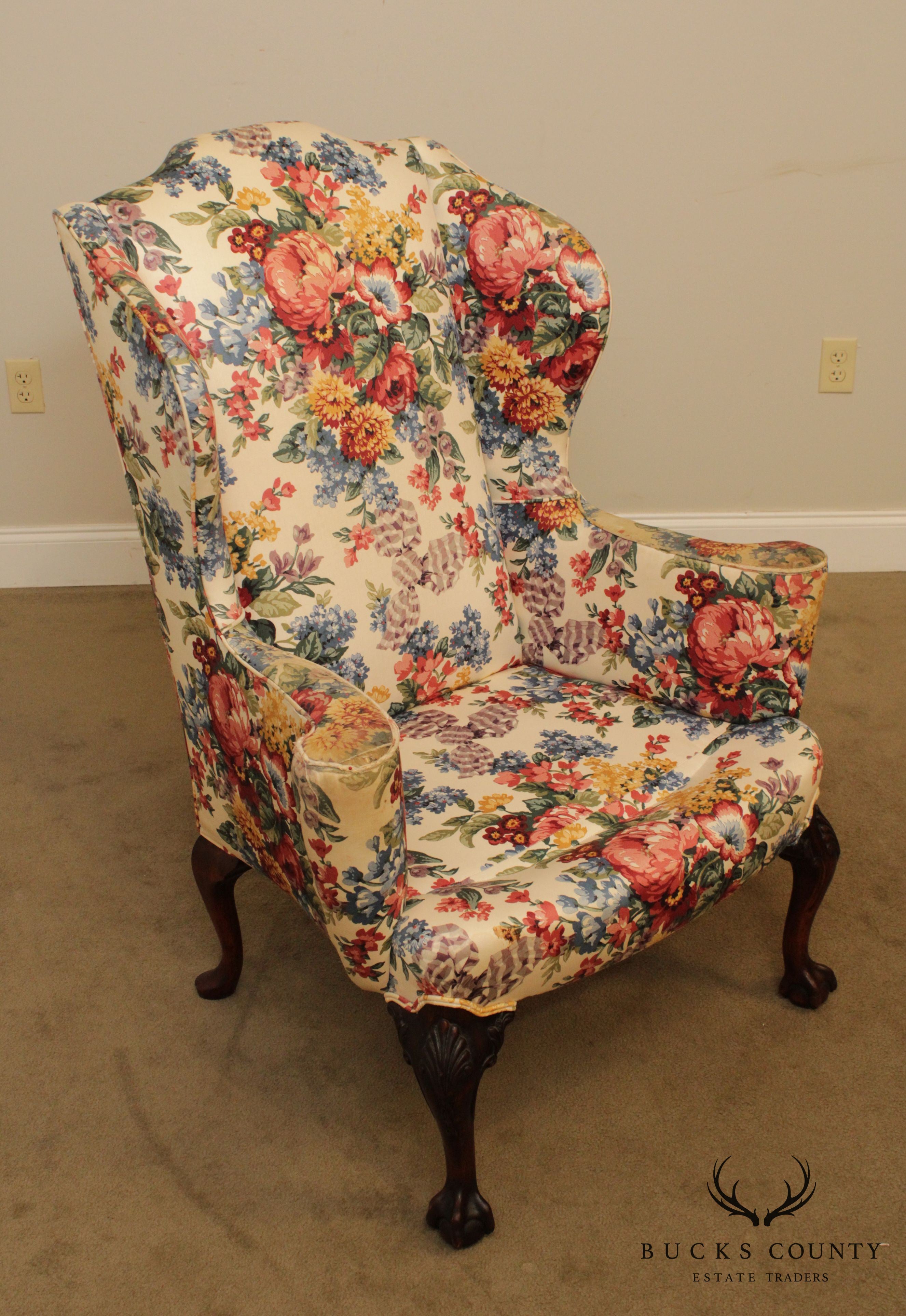 Chippendale Style Vintage Custom Mahogany Ball & Claw Wing Chair Frame