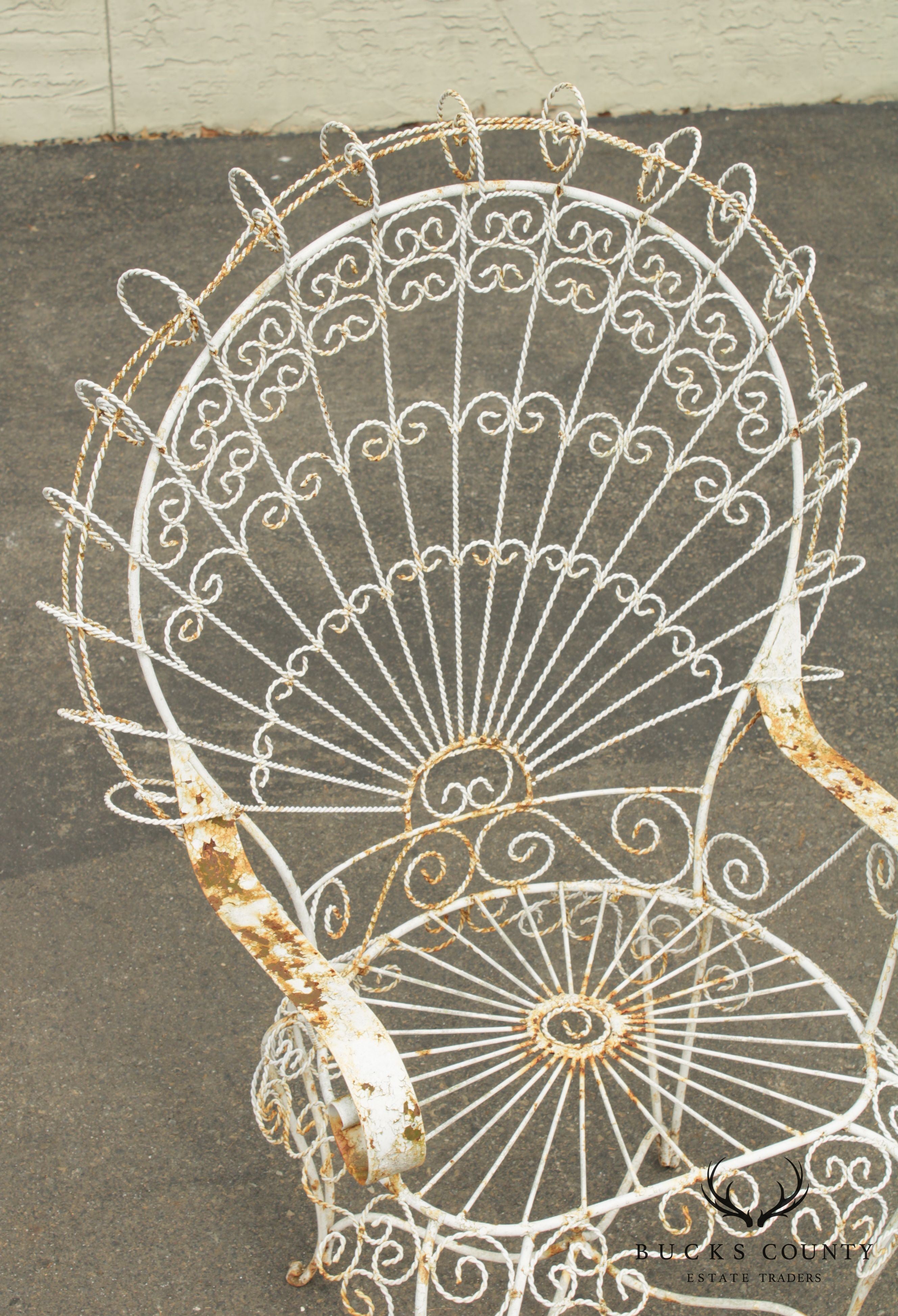 Vintage Pair Wrought Iron Peacock Garden Armchairs