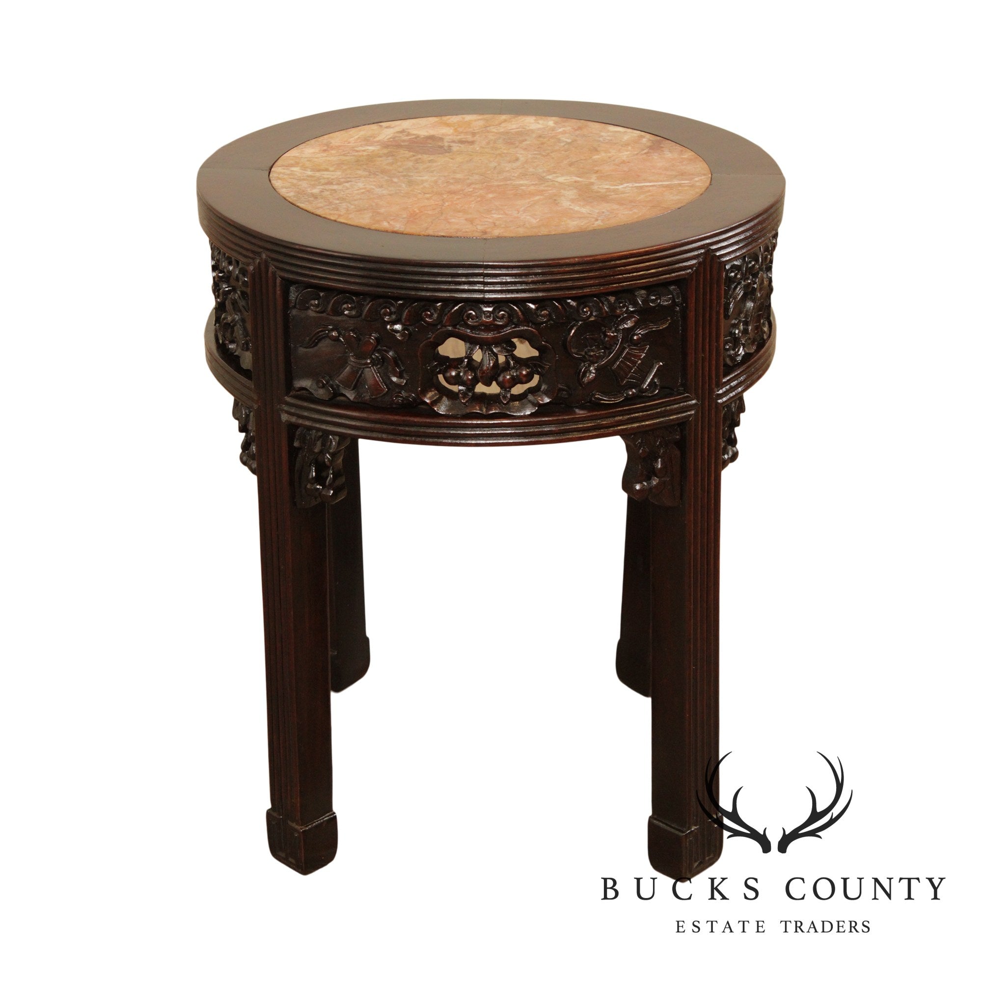 Vintage Carved Asian Round Marble Top Side Table