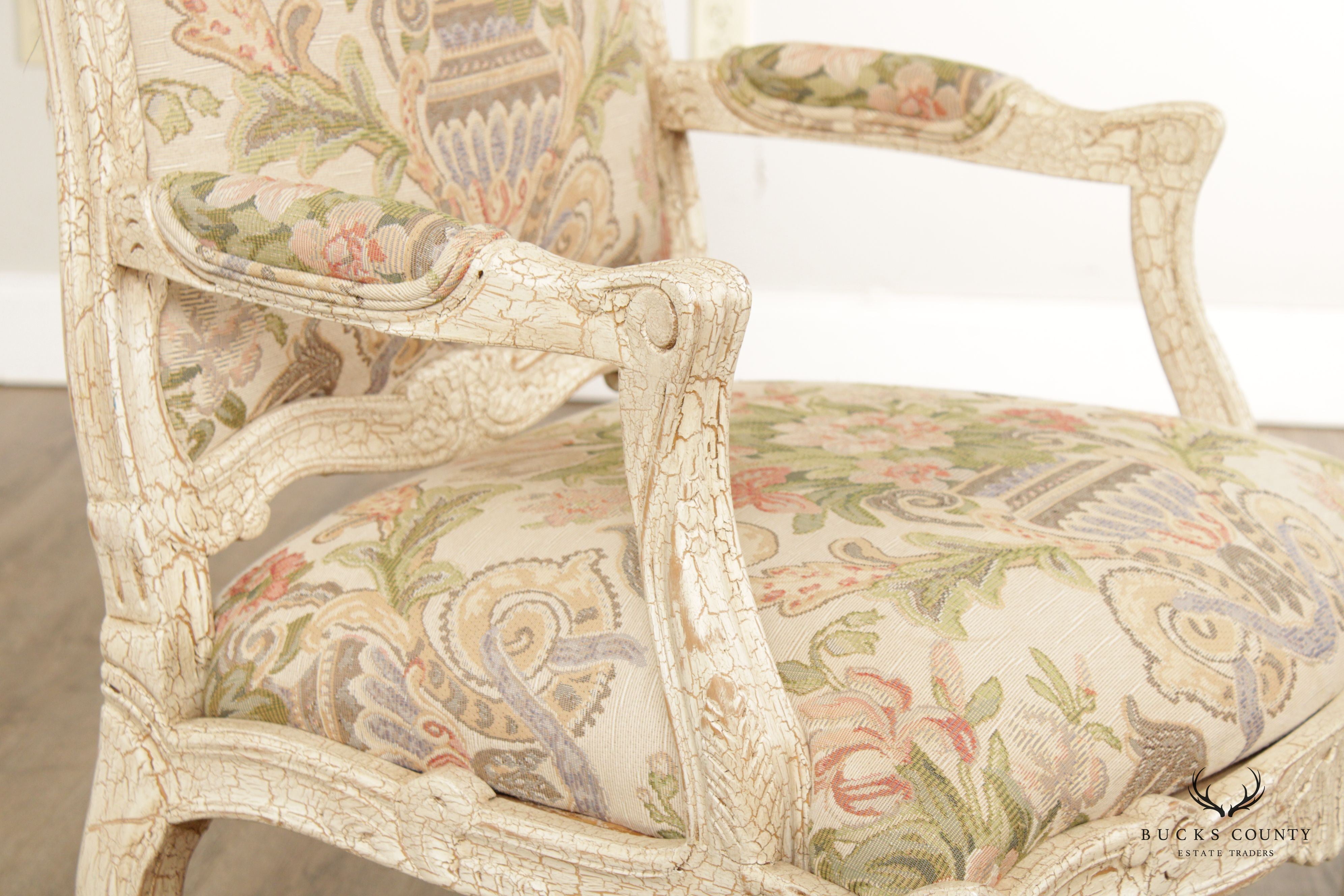 French Louis XV Style Crackle Painted Fauteuil Armchair