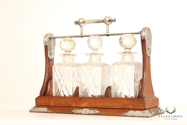 Antique English Oak and Silverplate Three Bottle Tantalus