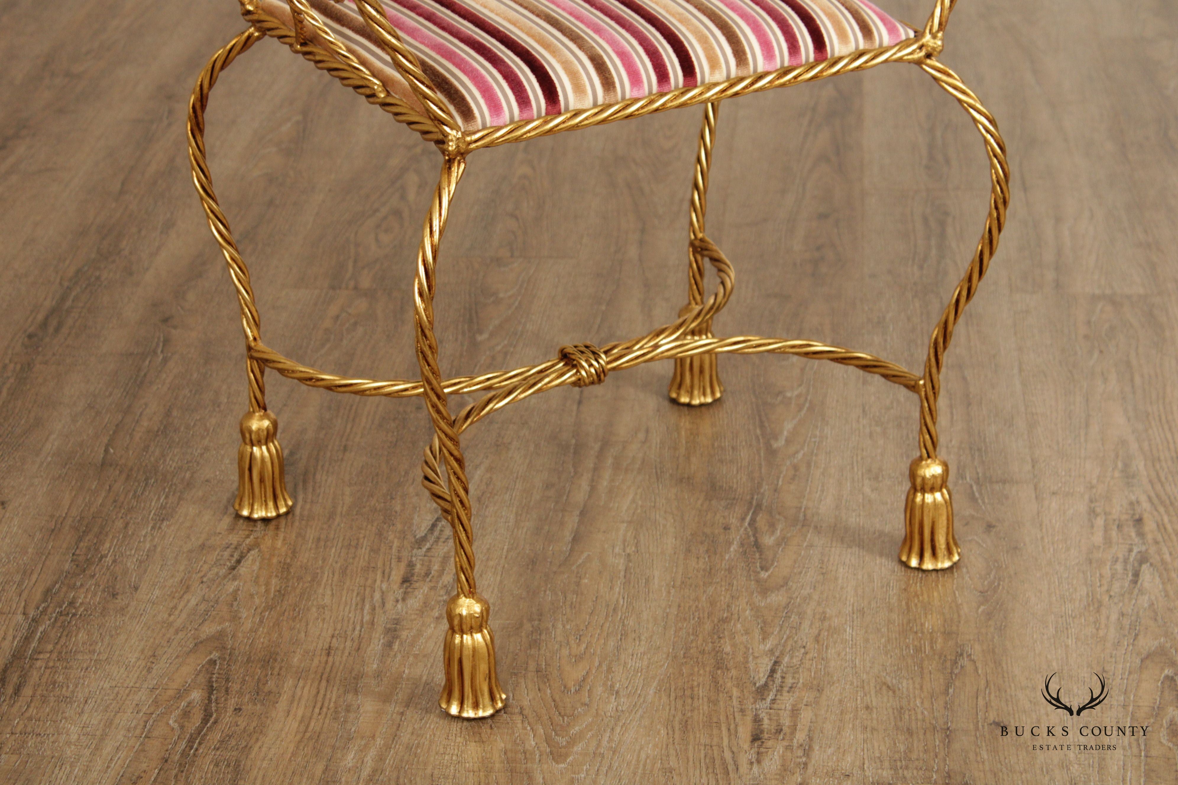 Italian Hollywood Regency Pair of Gilt Metal Rope Twist Benches