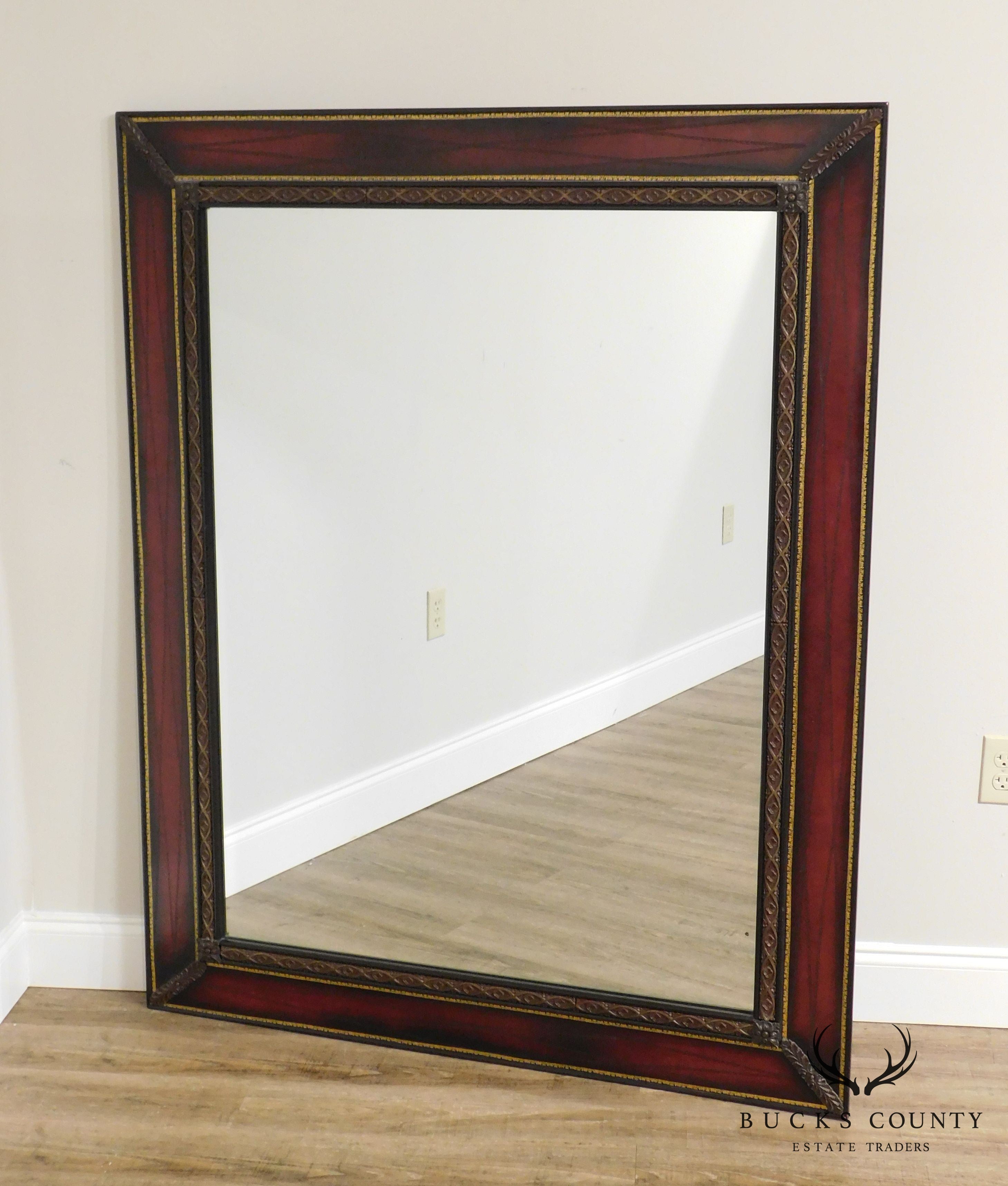 Hollywood Regency Vintage 1950's Red Leather Mahogany Frame Rectangular Wall Mirror