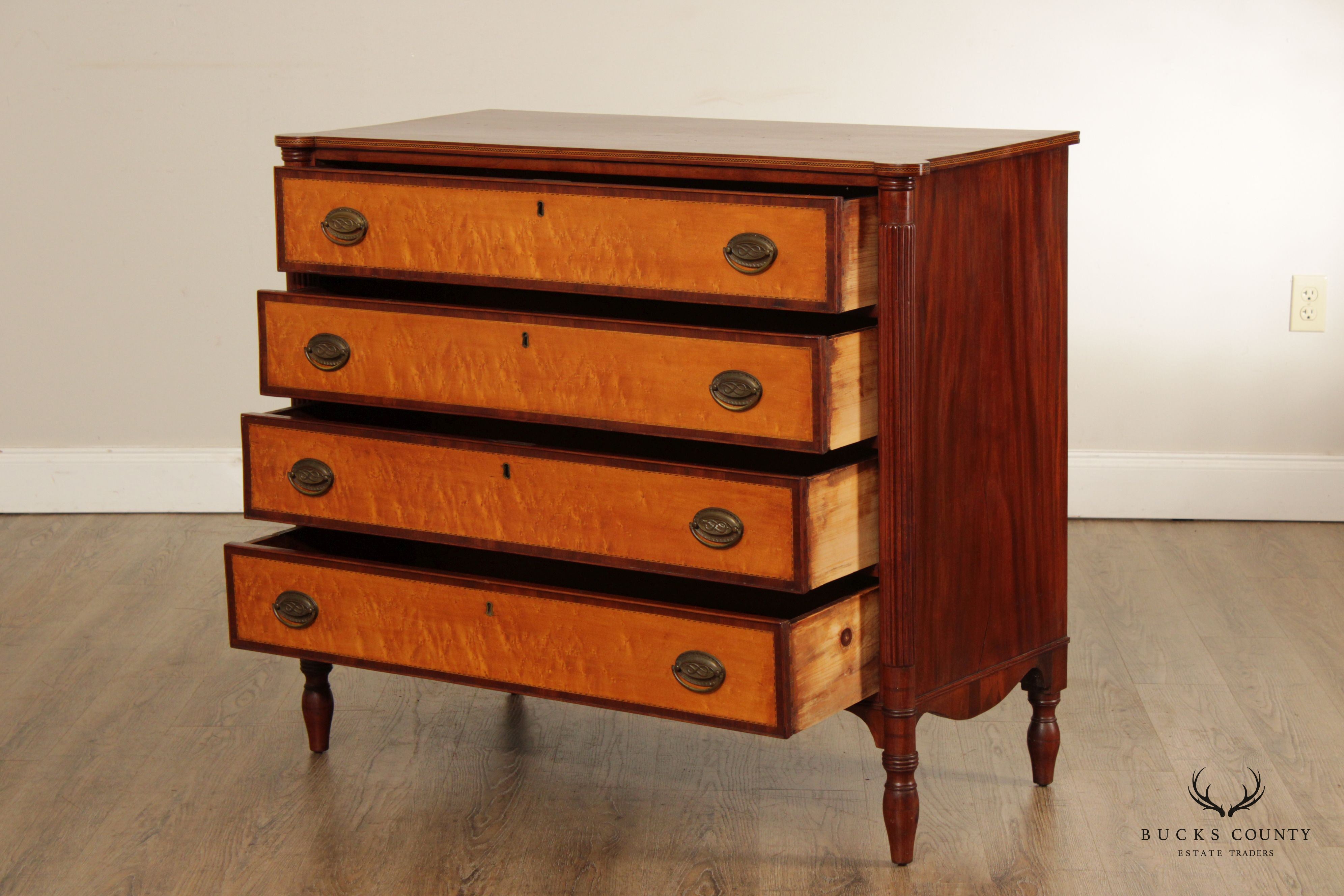 Antique American Sheraton Mahogany and Maple Chest of Drawers