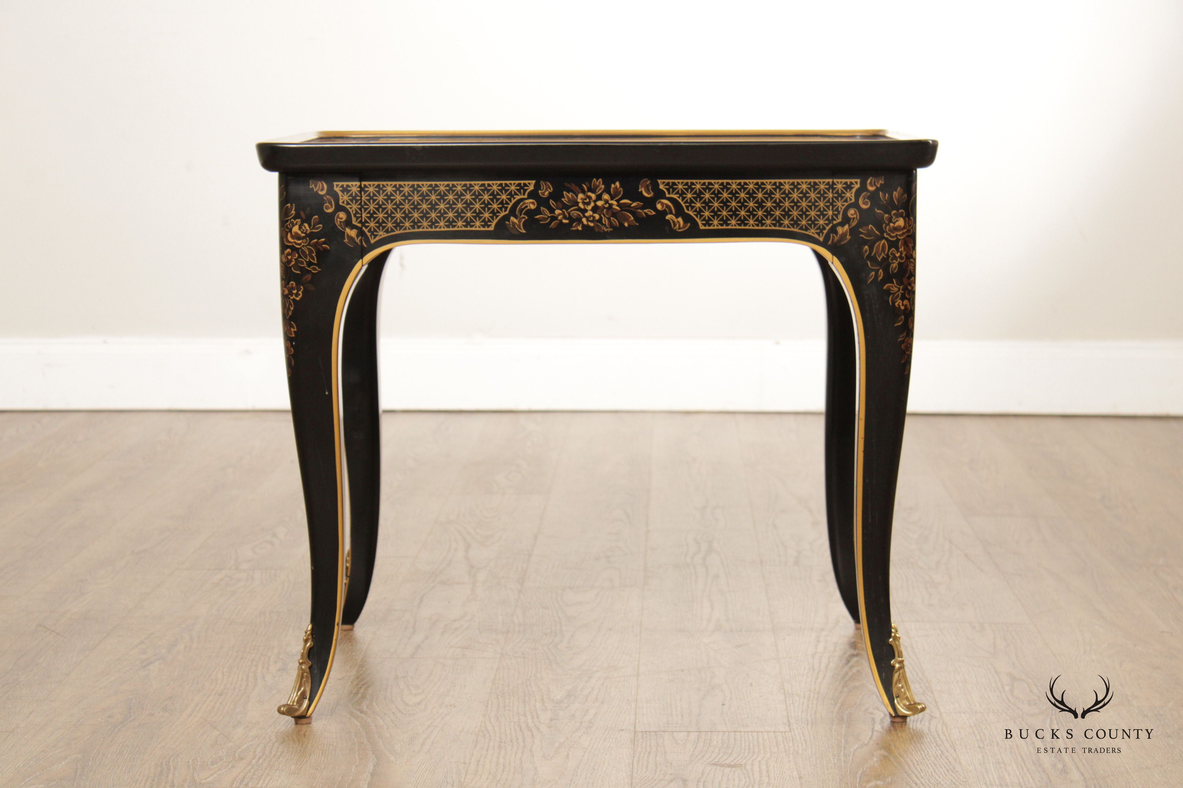 Drexel Et Cetera Chinoiserie Decorated Burlwood Glass Top Side Table