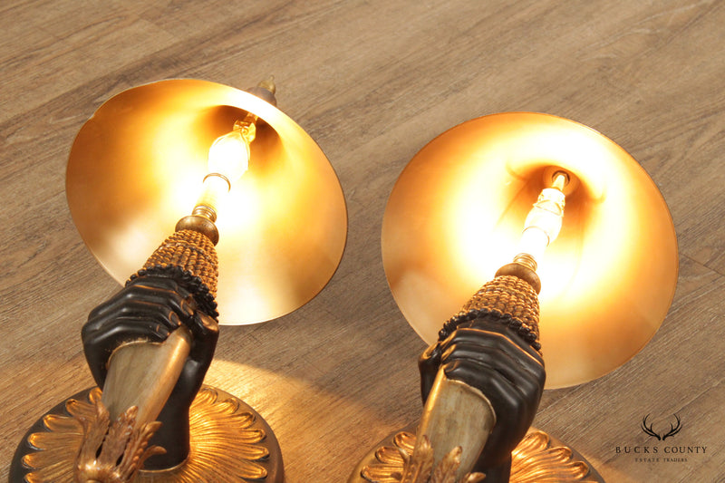 Vintage Pair of Parcel Gilt Figural Wall Sconces