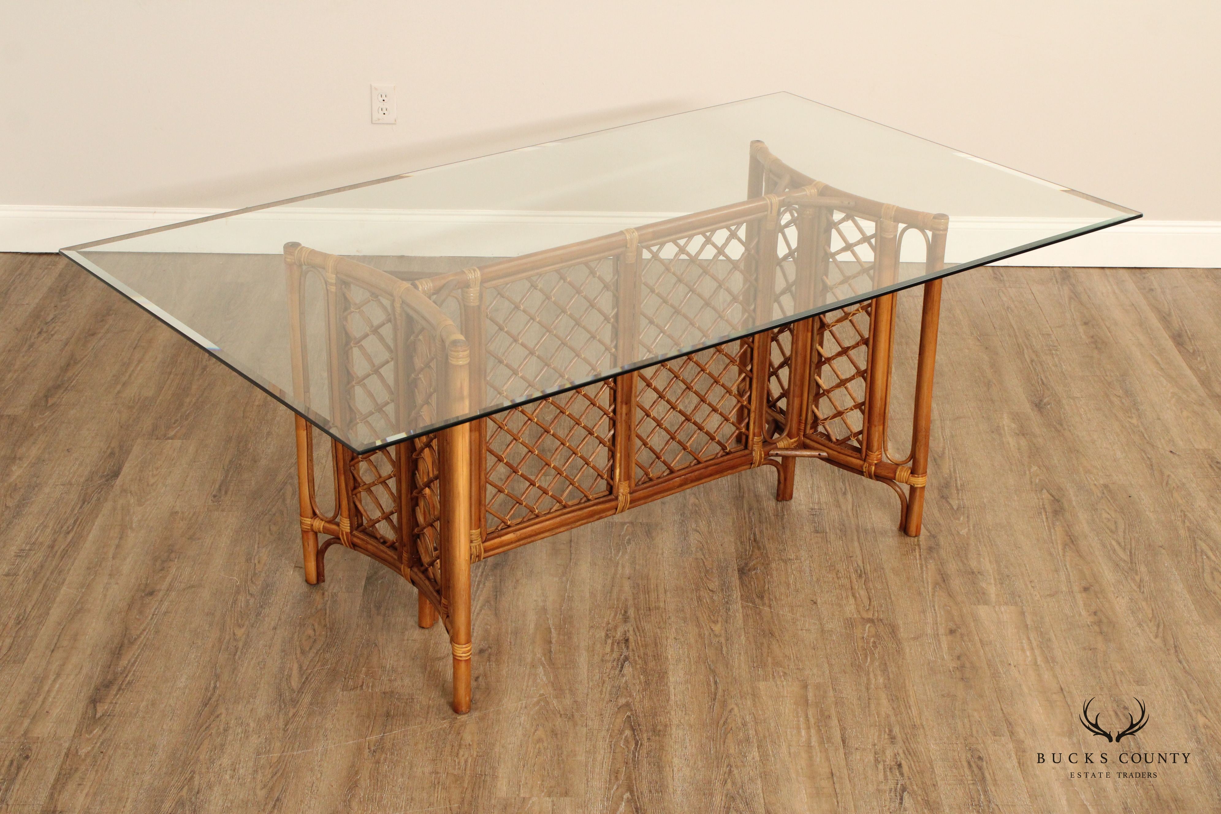 Hollywood Regency Glass Top Bamboo Rattan Dining Table