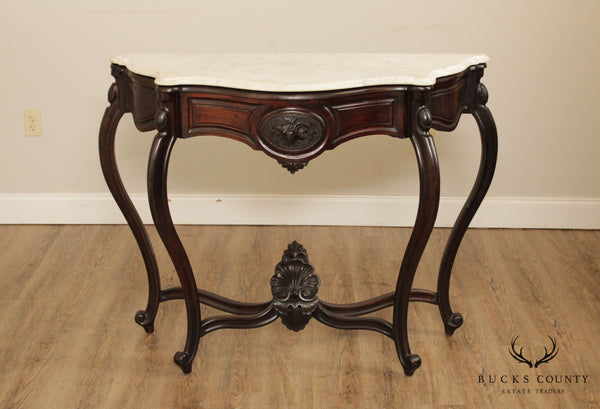 Antique Victorian Renaissance Revival Marble Top Walnut Console Table