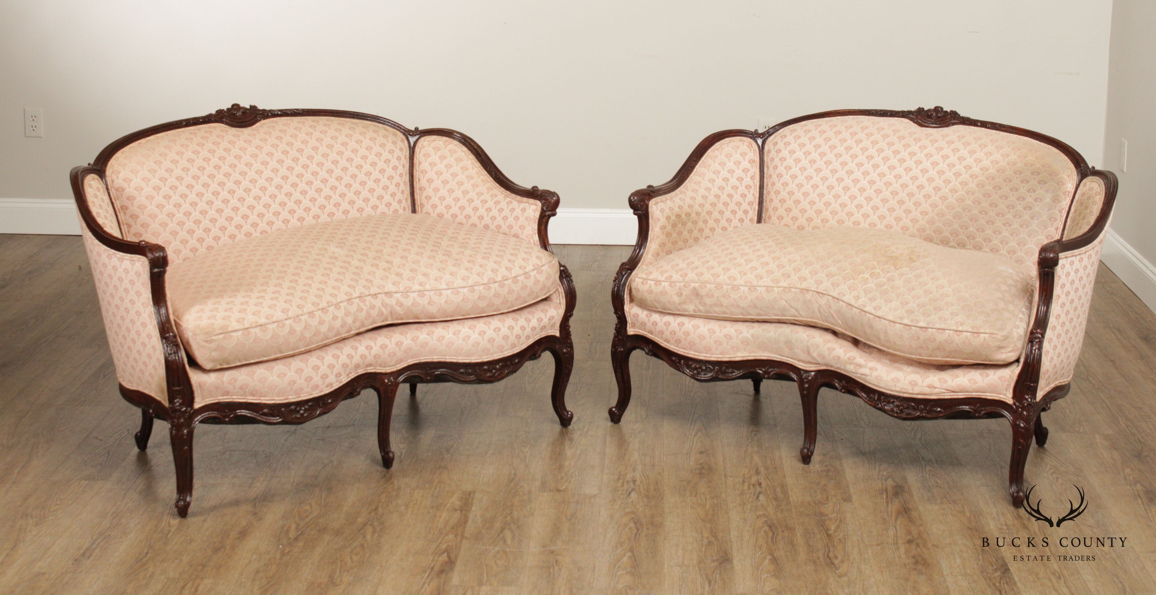 French Louis XV Style Vintage Pair of Carved Frame Loveseats