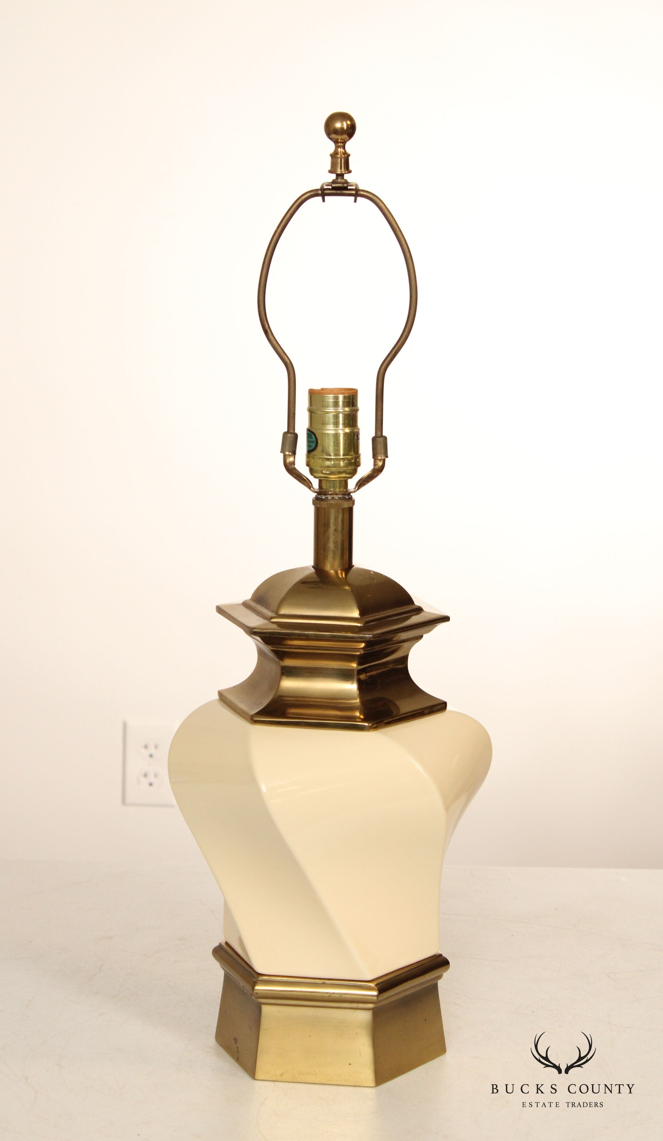 STIFFEL  BRASS AND CERAMIC PAIR OF VINTAGE HEXAGONAL TABLE LAMPS