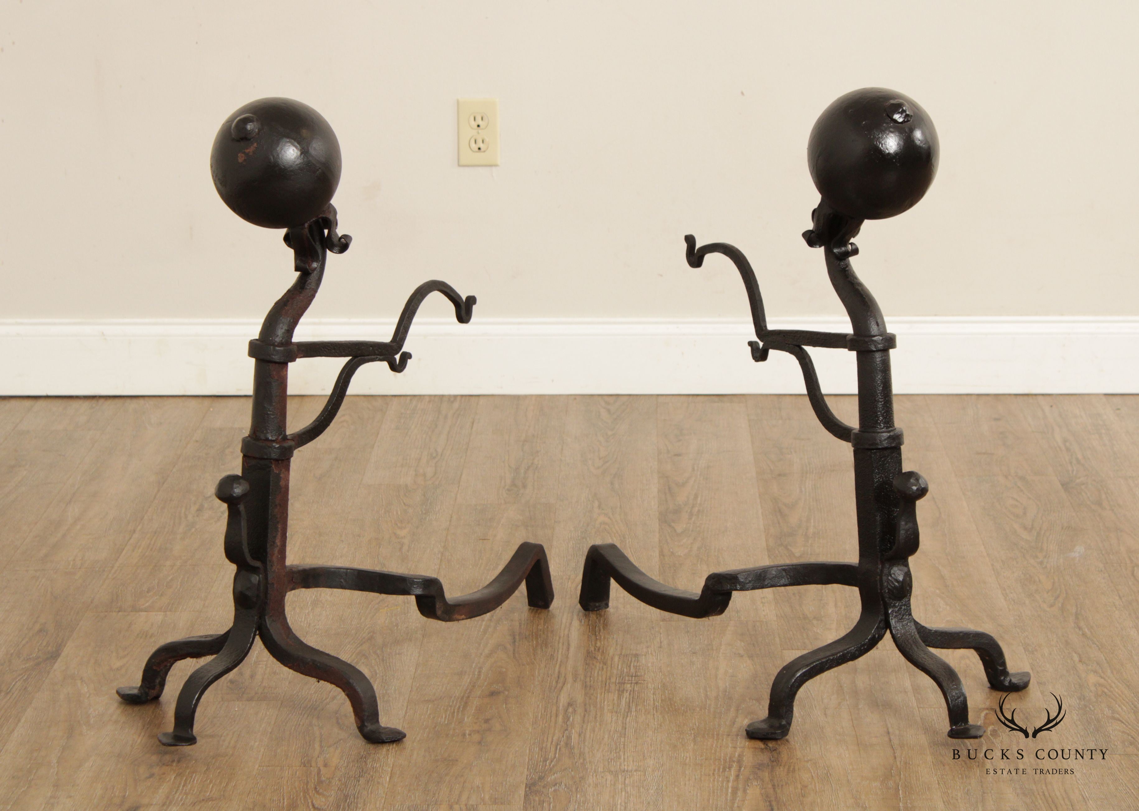 Antique 19th C. Pair Wrought Iron Cannonball Andirons