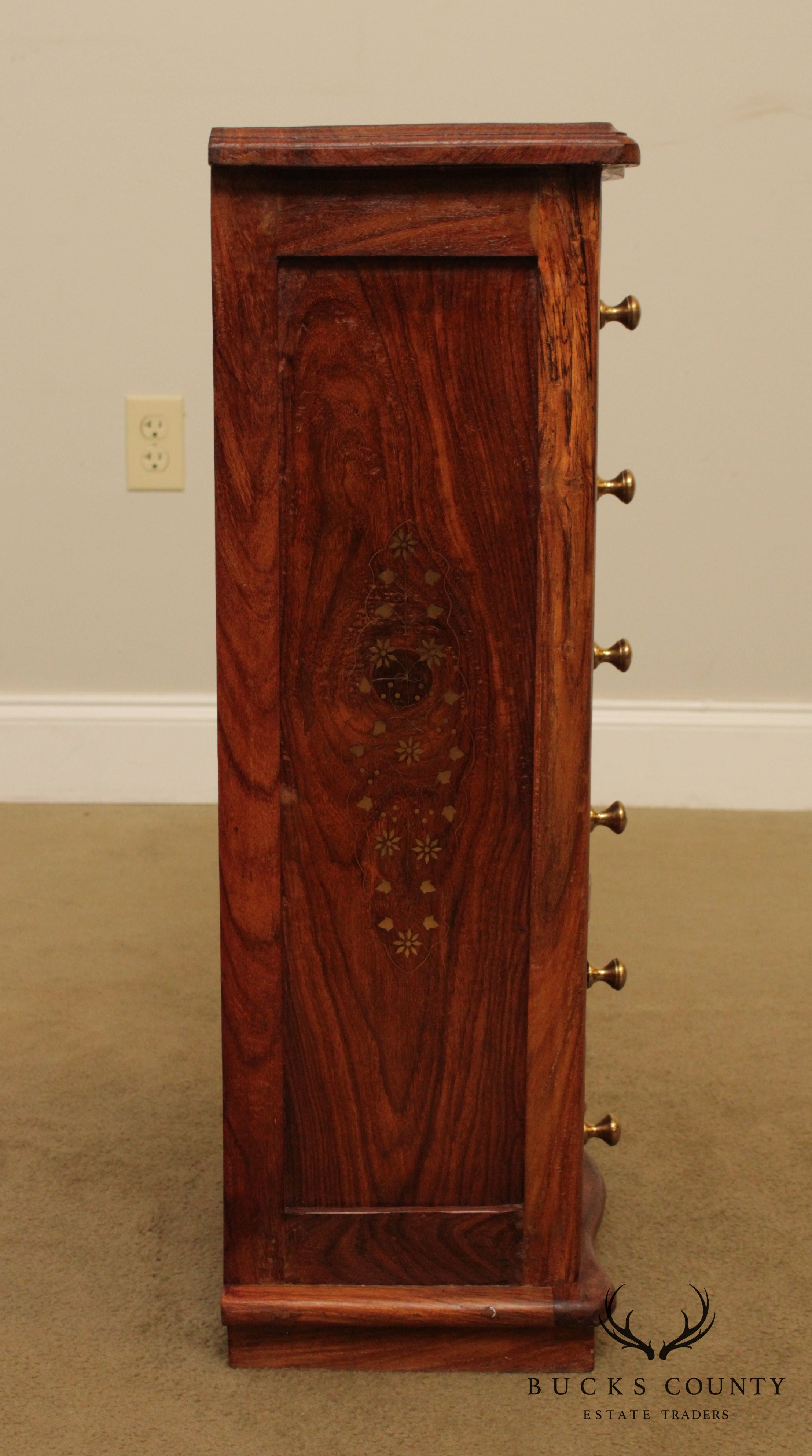 Quality Indian Rosewood Brass Inlaid Narrow 6 Drawer Chest