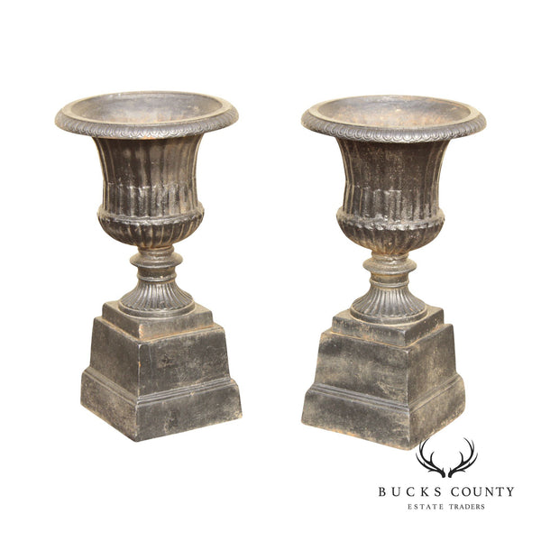 Neoclassical Style Pair Cast Iron Garden Urns on Plinth Base