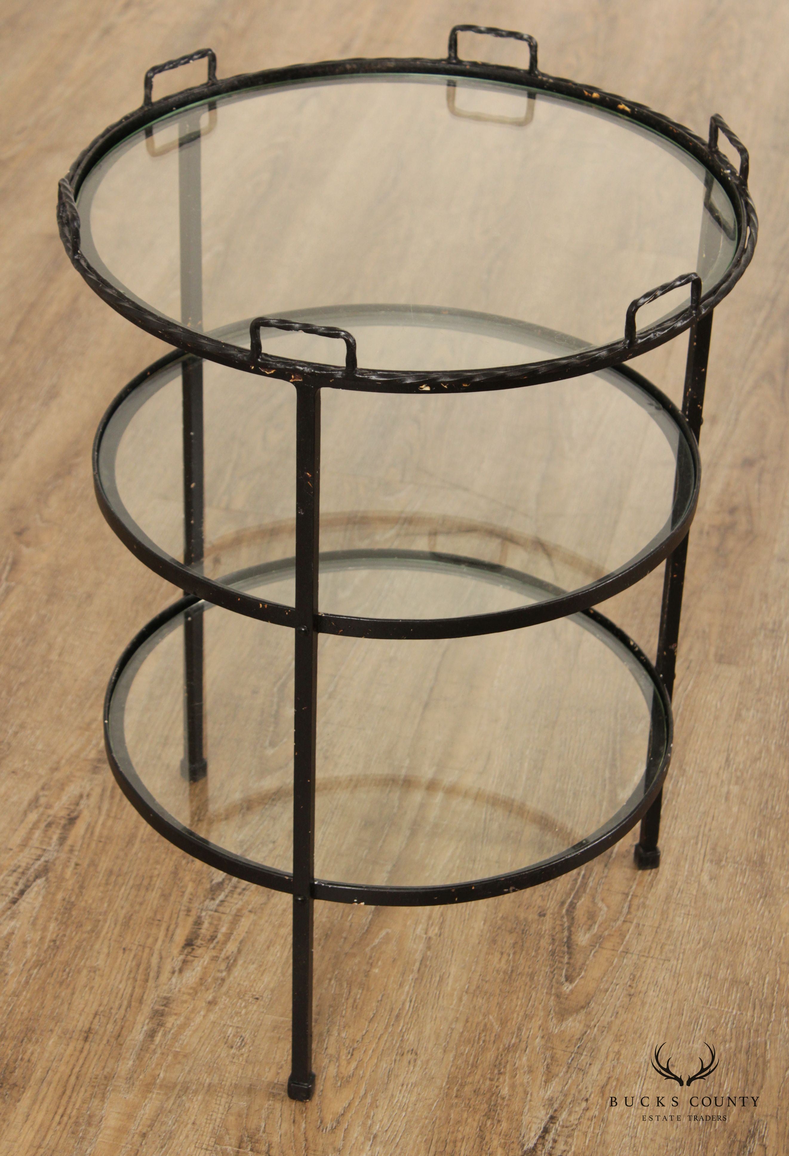 Mid Century Modern Wrought Iron & Glass Tiered Round Side Table