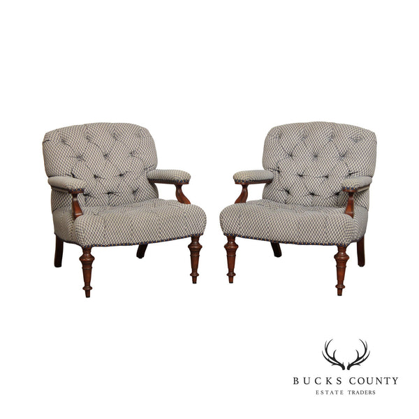 English Traditional Style Pair Of Mahogany Tufted Lounge Chairs