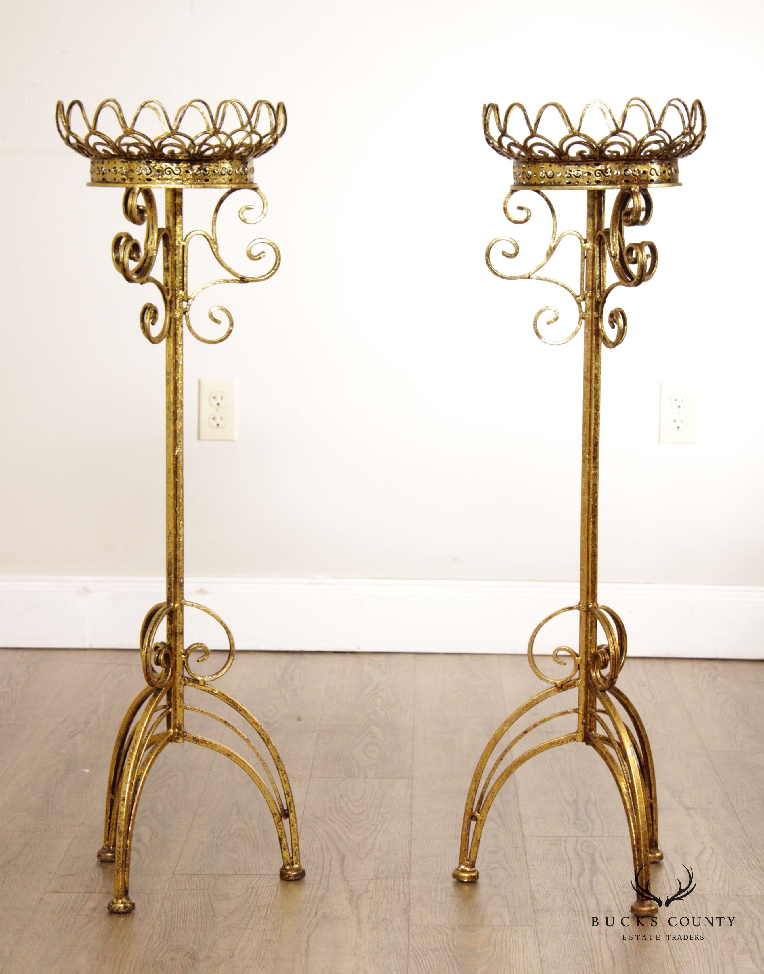 Hollywood Regency Pair Gilt Metal Scroll Candle Stands