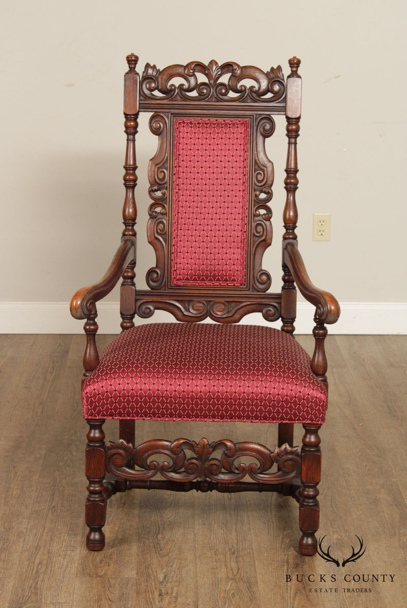 Jacobean Revival Vintage Set 6 Carved Walnut Dining Chairs