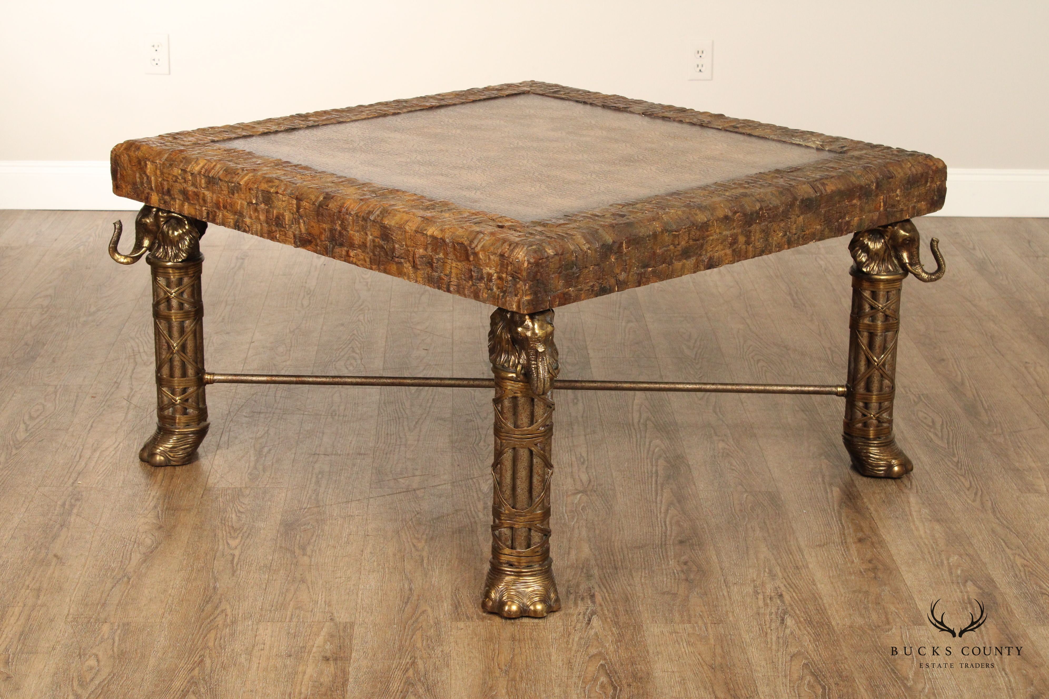 Maitland Smith Unusual Brass Elephant Base Square Leather Top CoffeeTable