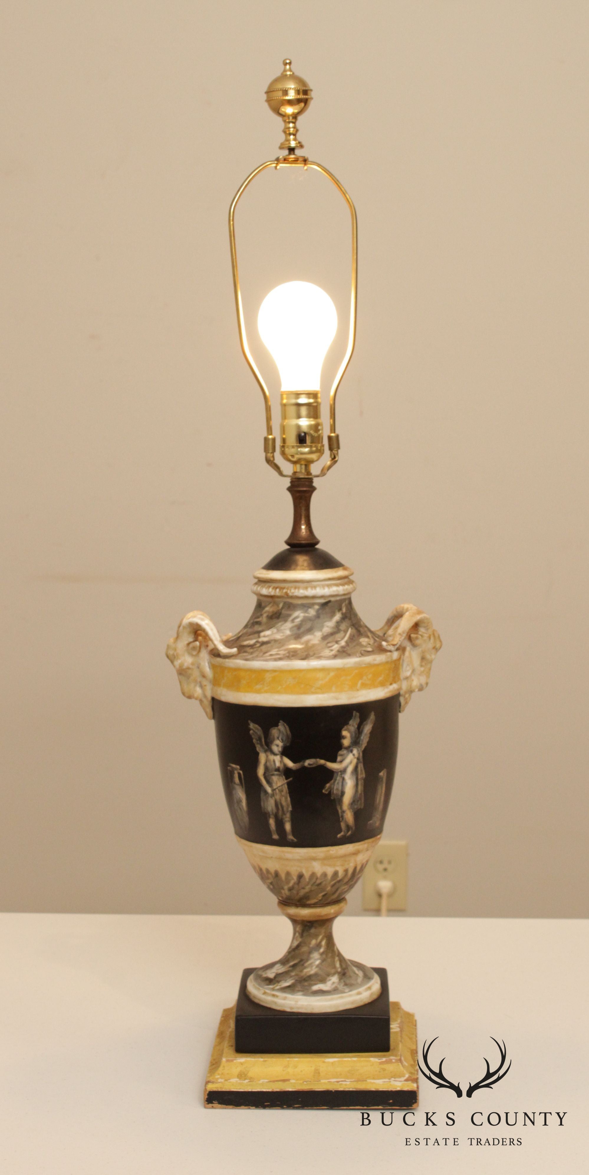 Vintage Neoclassical Painted Urn Lamp with Shade