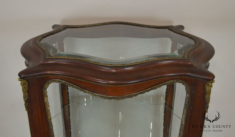 French Louis XV Style Antique Mahogany Curved Glass Vitrine Display Cabinet