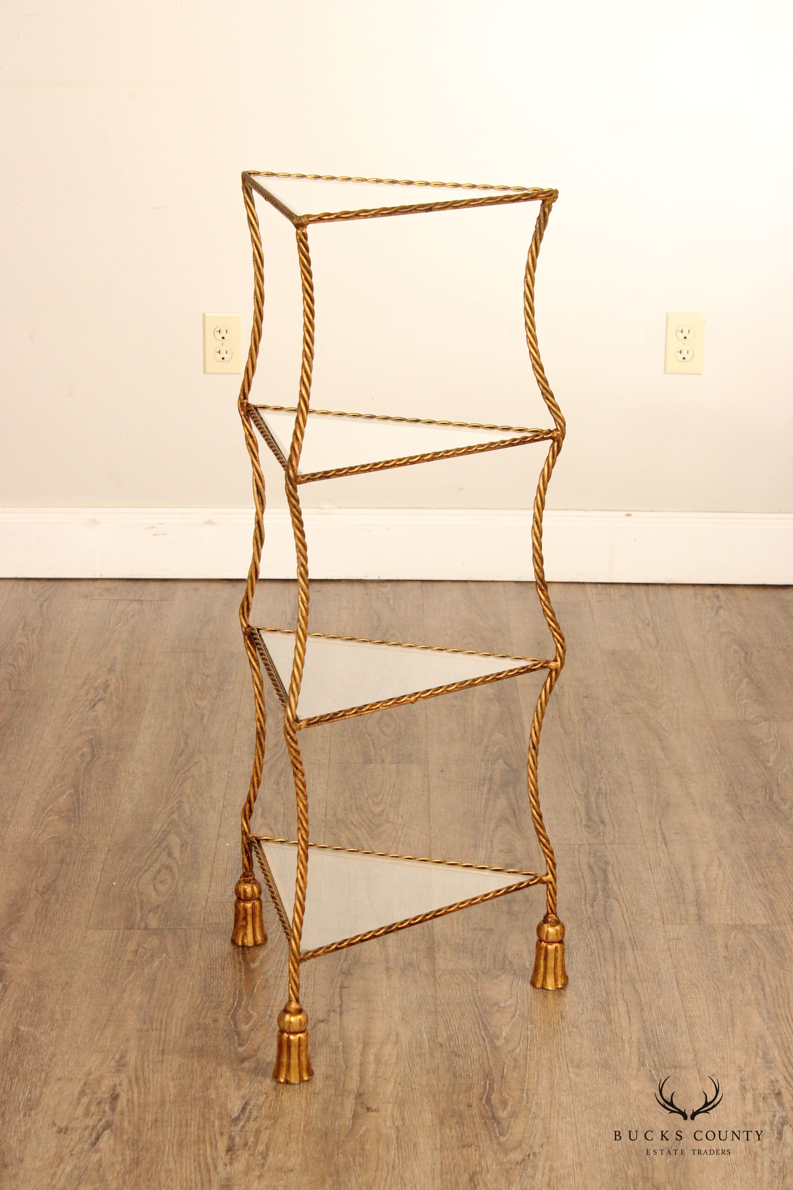 Italian Hollywood Regency Gold Painted Rope and Tassel Etagere