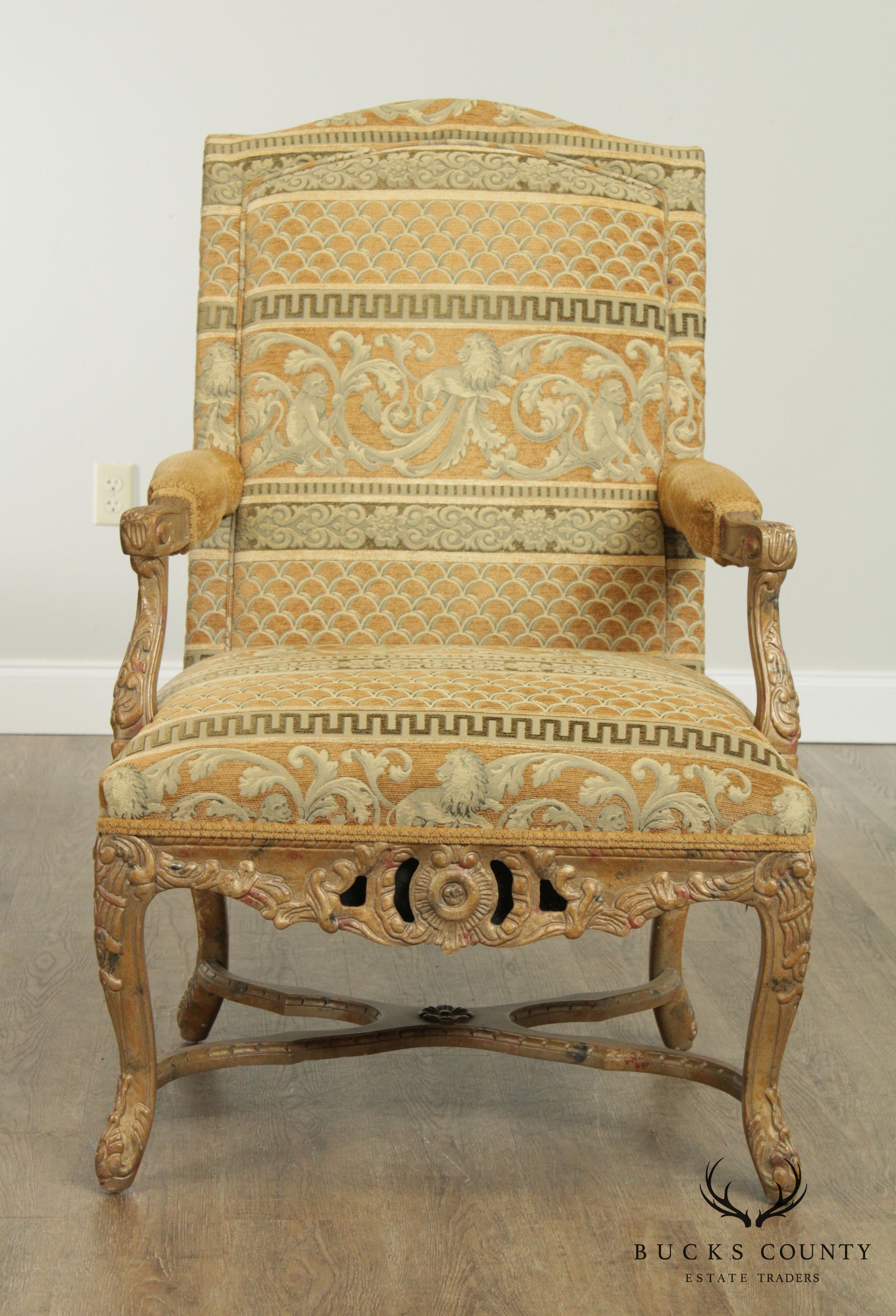 Wesley Hall Louis XV Style Carved Frame Armchair, Custom Upholstery