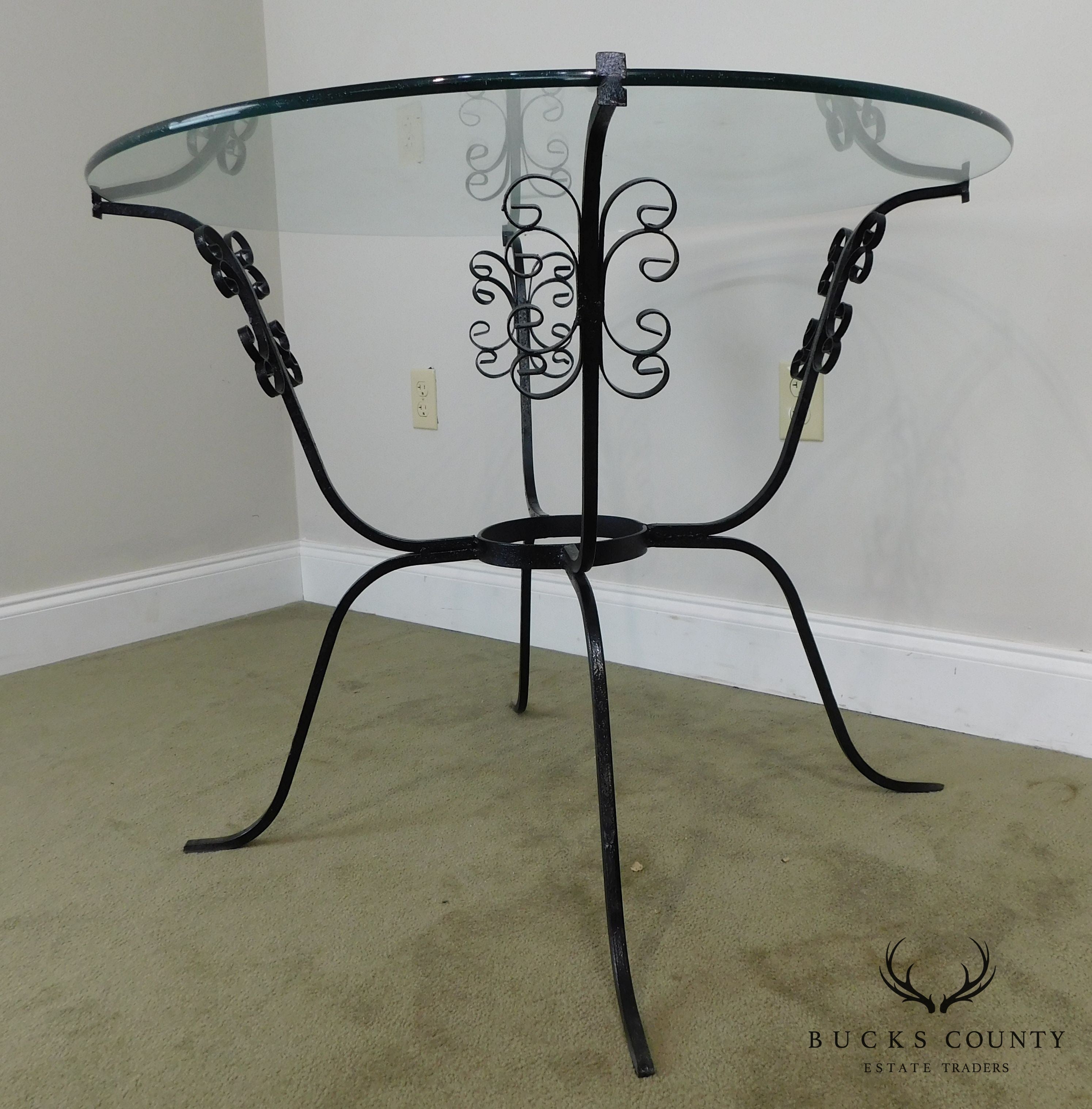 Vintage Black Scrolled Wrought Iron Round Glass Top Table