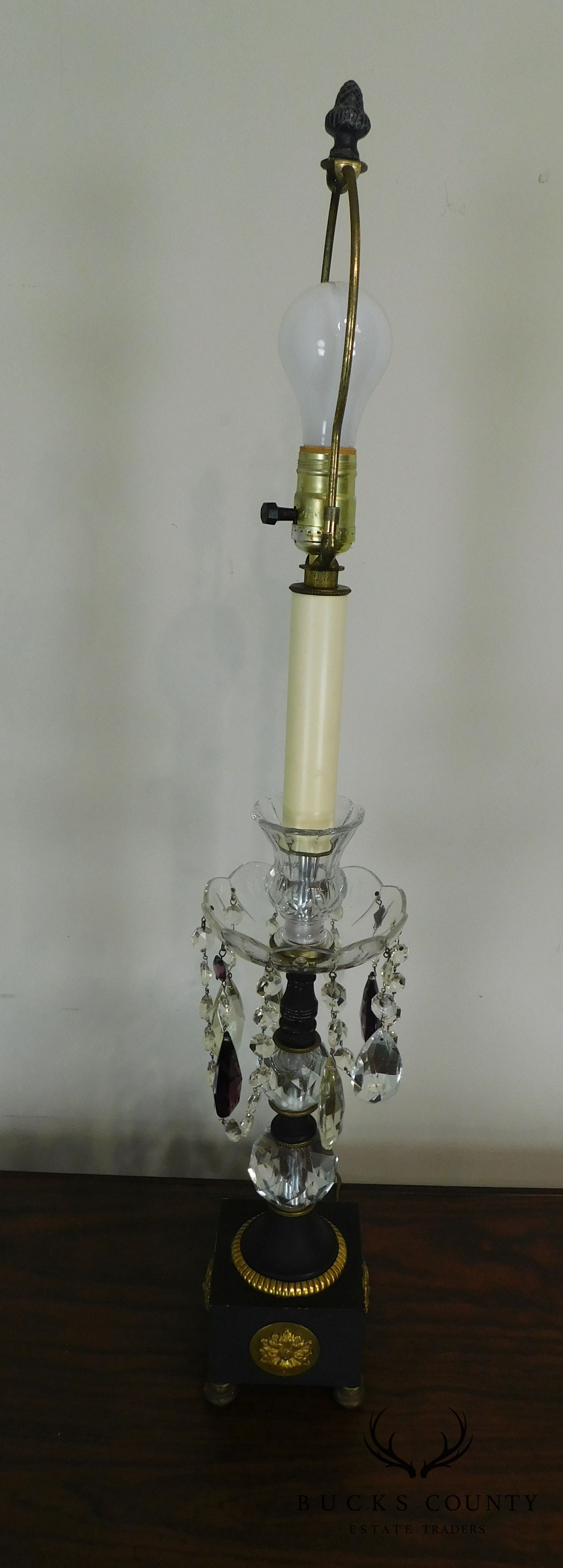 Pair French Empire Table Lamps with Fabric Shades, Turned Stems with Faceted Crystal Balls