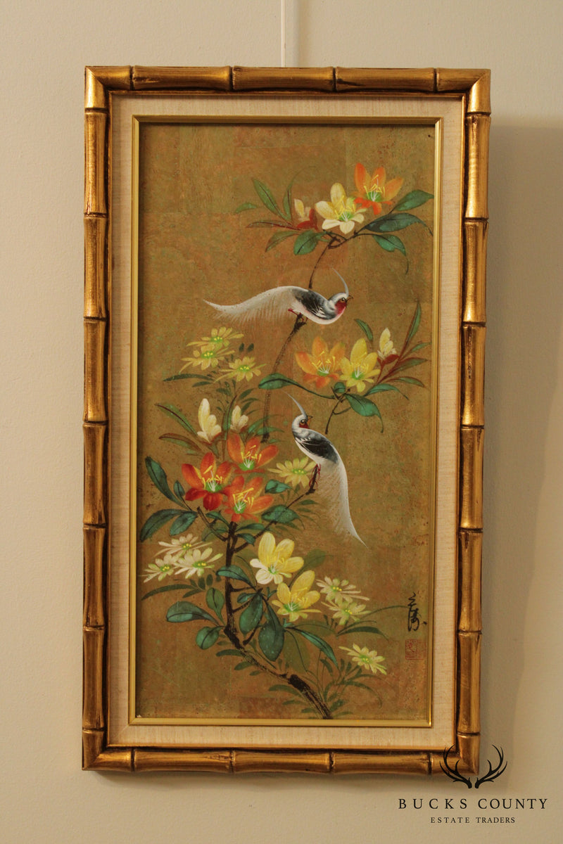 Vintage Pair Hand Painted Chinese Panels Faux Bamboo Frames