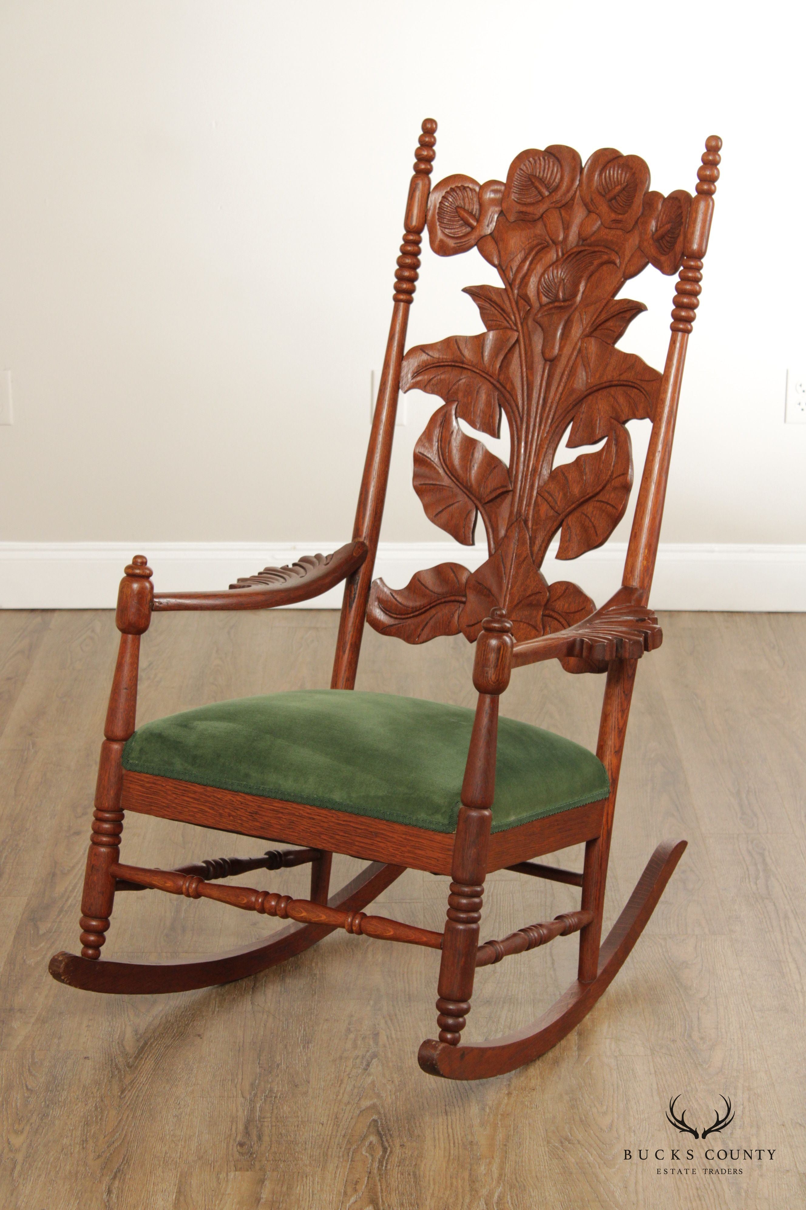 Art Nouveau Antique Peace Lily Carved Oak Rocking Chair