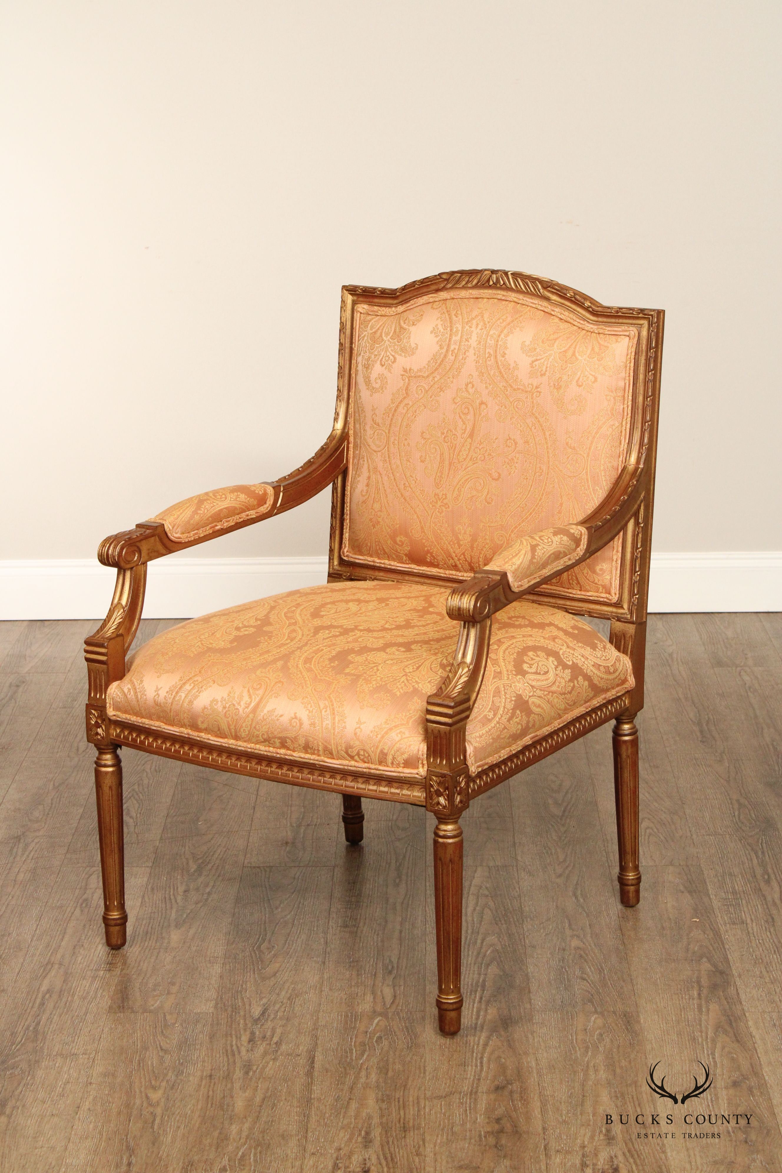 Lambert Furniture French Louis XVI Style Pair of Partial Gilt Fauteuil Armchairs