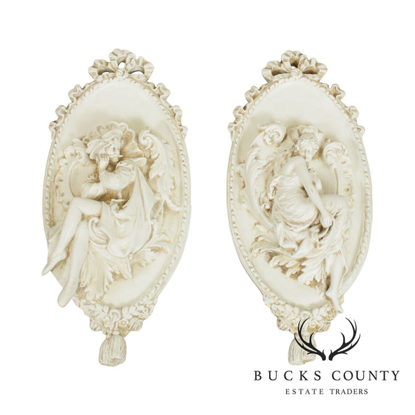 Renaissance Style Carved White Painted Pair Wall Plaques