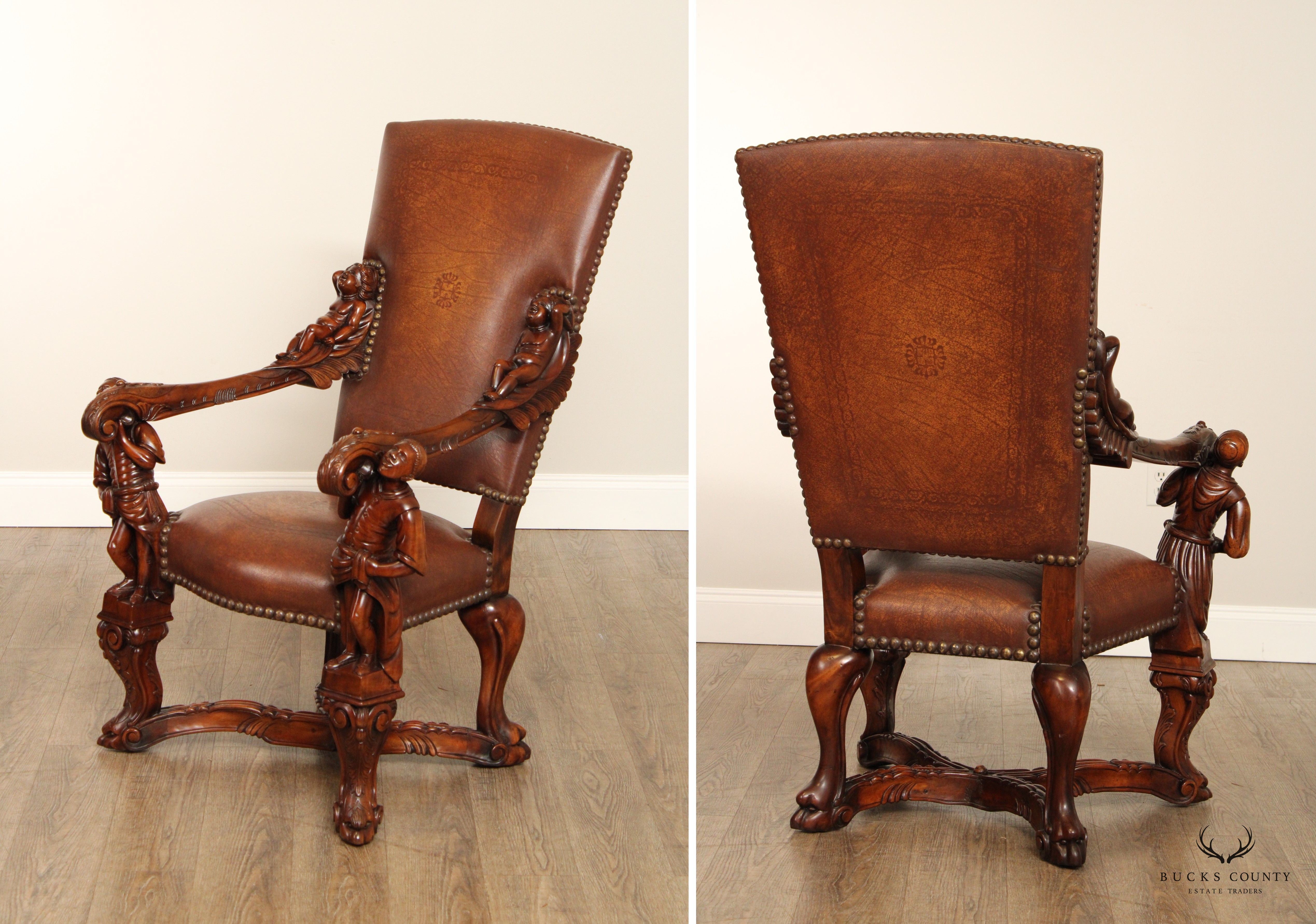 Theodore Alexander Pair Of Figural Carved Baroque Style  Throne Armchairs