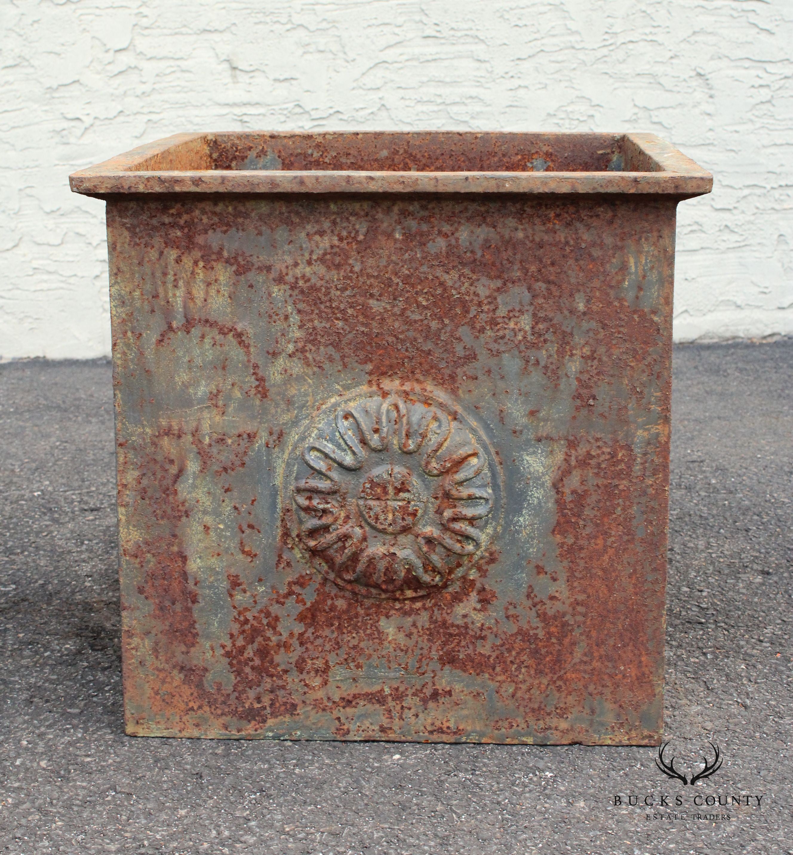 French Industrial Style Pair Of Large Cast Iron Square Garden Planter Box