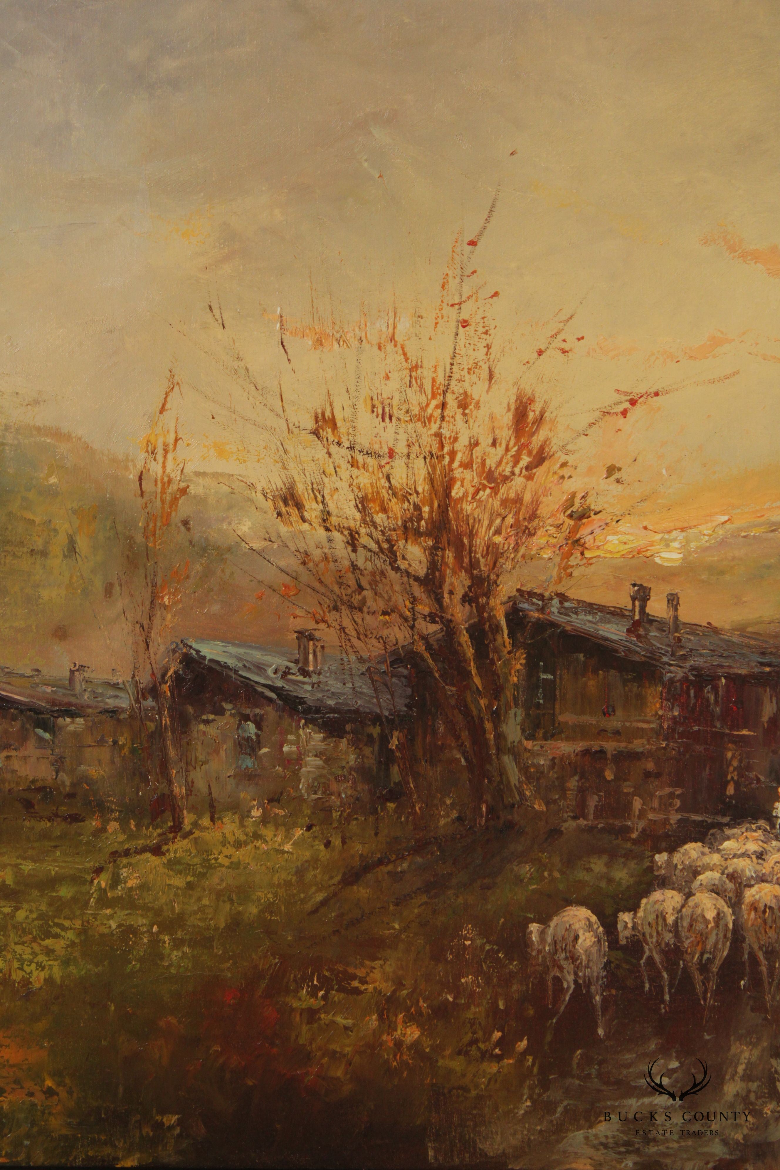 European 20th C. Pastoral Village Landscape Scene by Sara