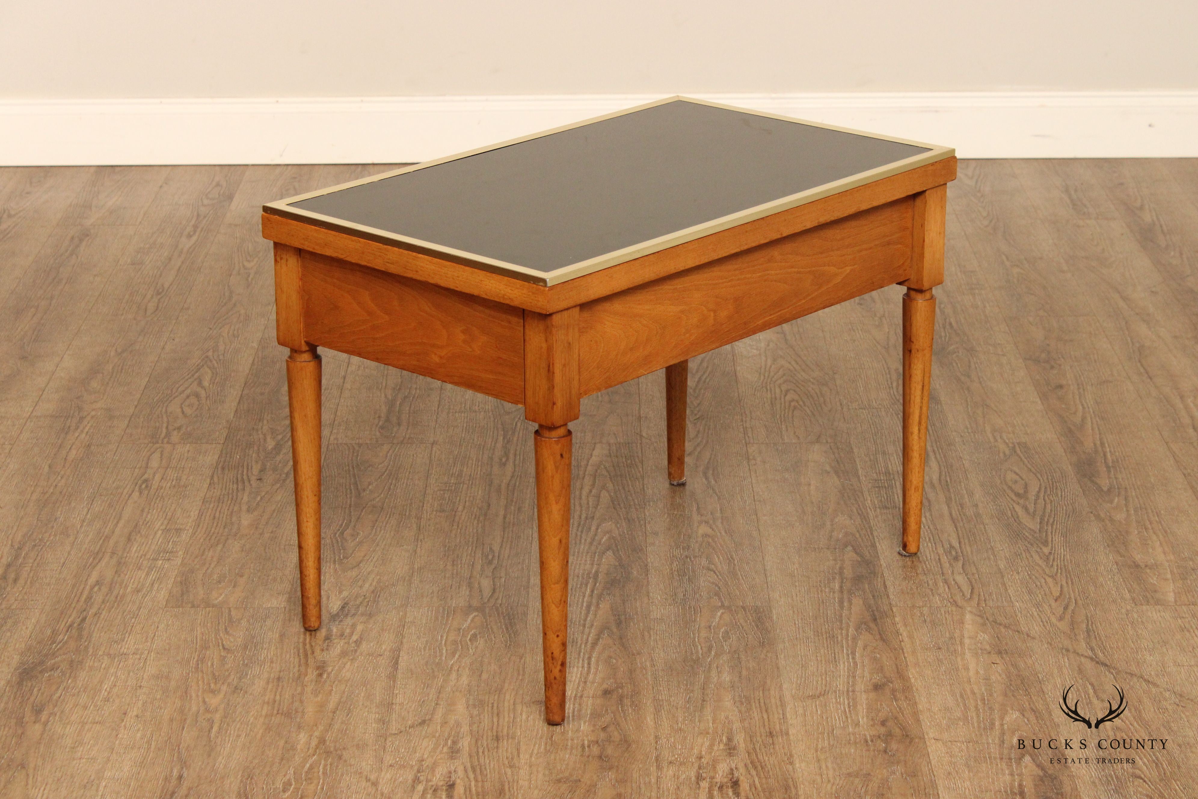 Mid Century Modern Directoire Style Pair of Black Glass Top Fruitwood Side Tables