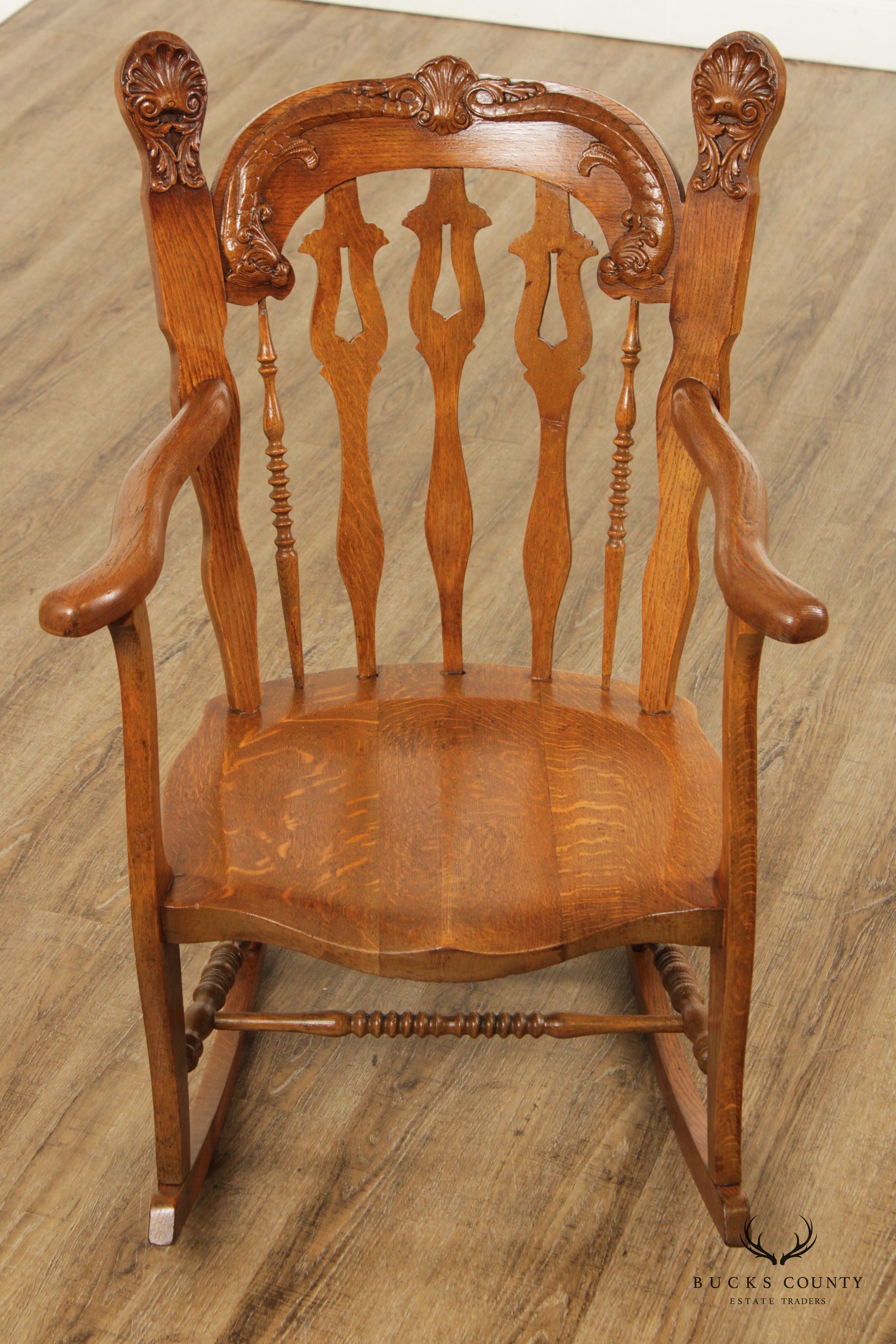 Victorian Renaissance Revival Style Oak Carved Rocker