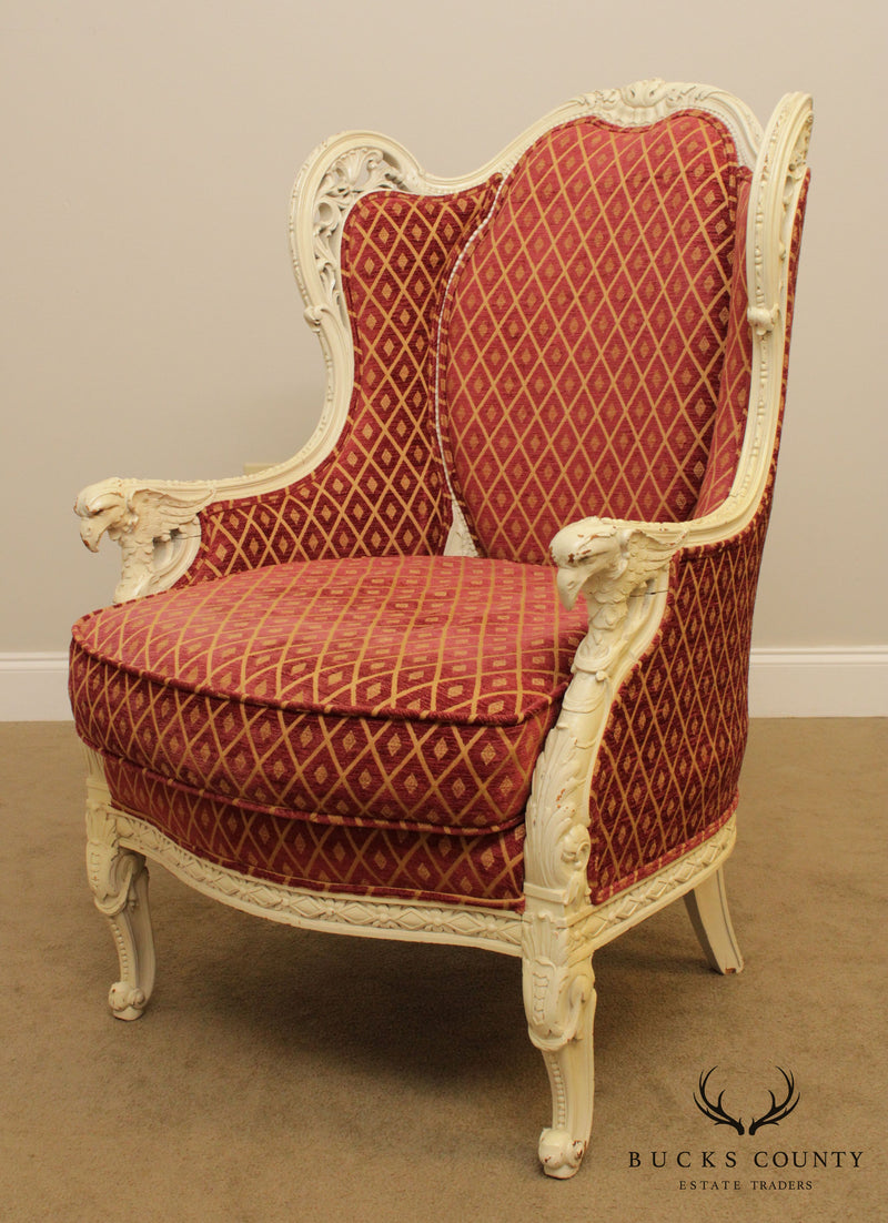 1920's French Louis XV Style Vintage Eagle Carved Bergere Wing Chair
