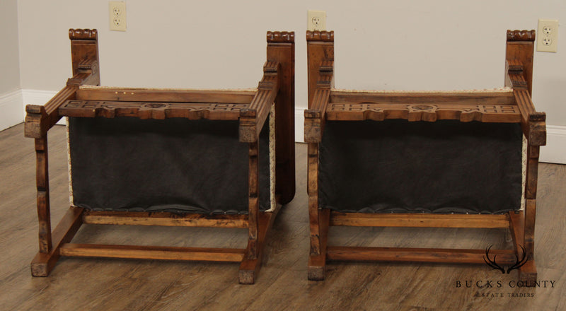 Antique Spanish Renaissance Style Pair Walnut Armchairs