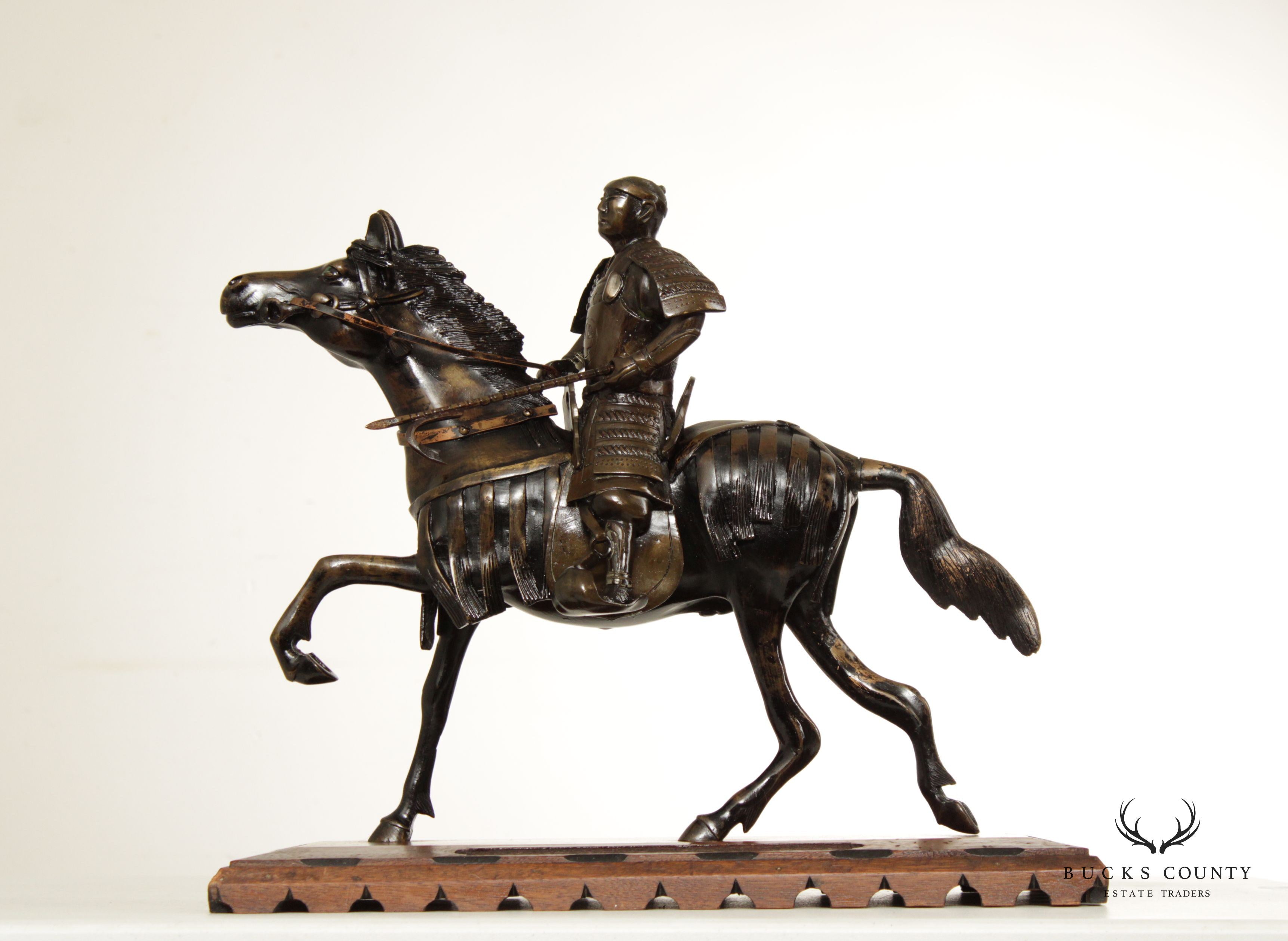 Antique Japanese Samurai Warrior on Horse Bronze Sculpture