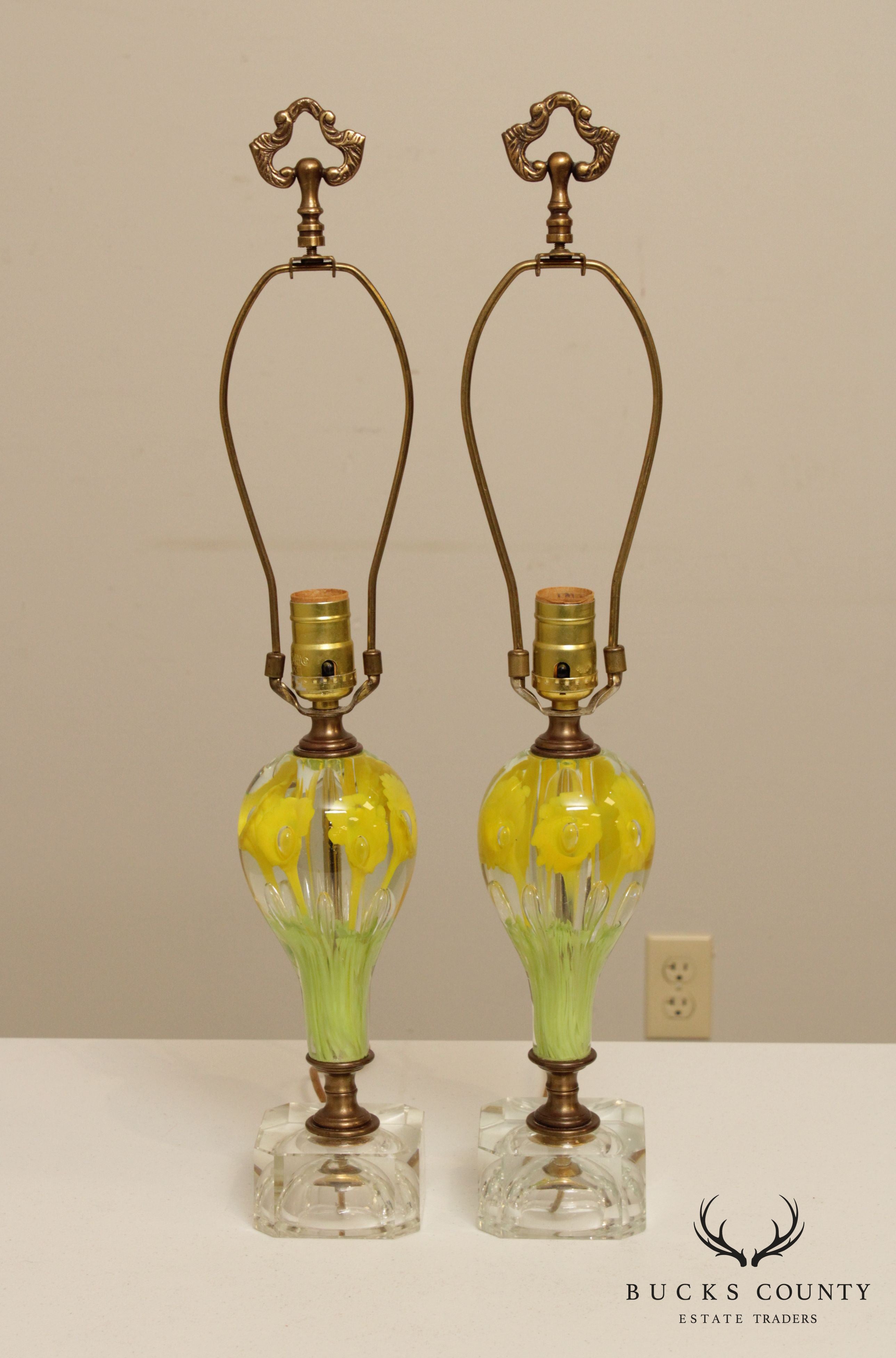 Vintage Floral Art Glass Pair of Table Lamps