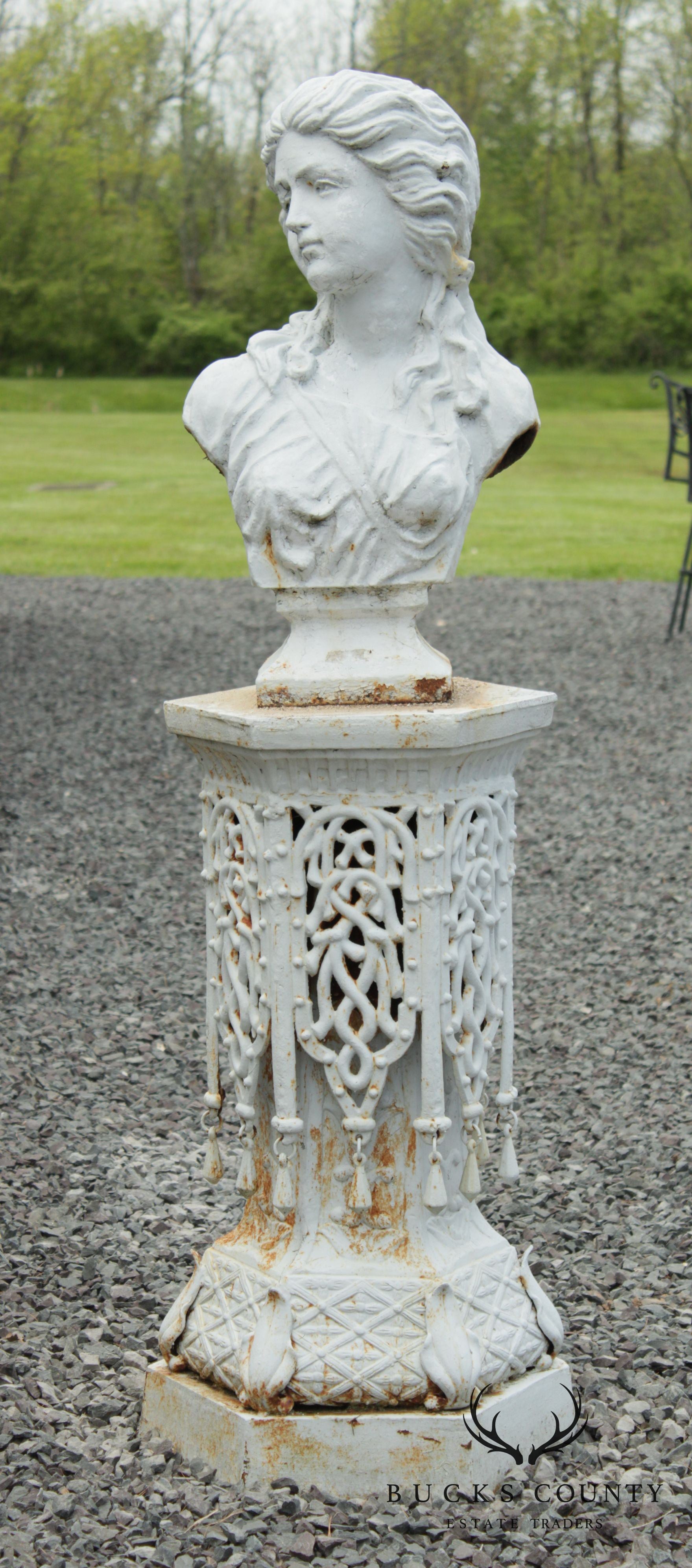 Vintage Cast Iron Bust Garden Statue On Pedestal