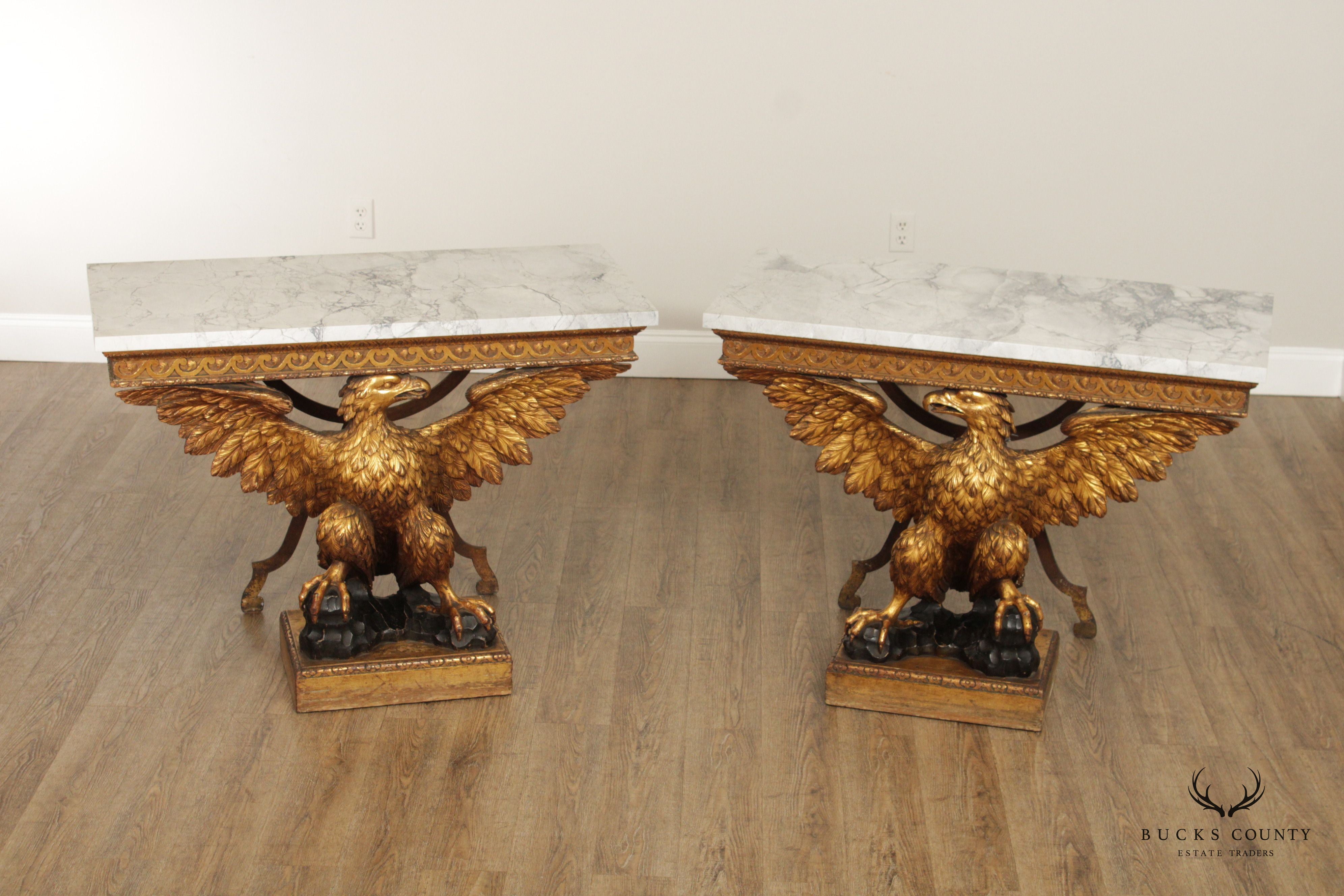 Regency George II Style Pair Giltwood Carved Eagle Marble Top Consoles